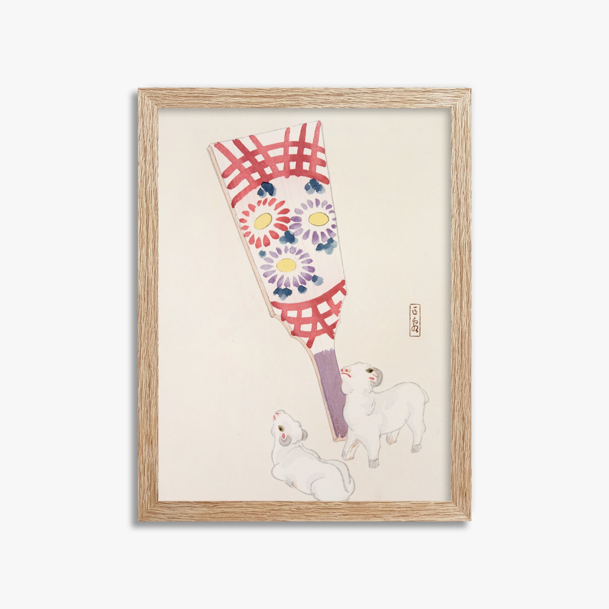 Kawasaki Kyosen: Kyosen’s Collected Illustrations of Japanese Toys Nr. 54 ("Playful Spirits: Traditional Paddle and Lambs"), 30x40cm Framed Art Reproduction With Raw Oak Frame