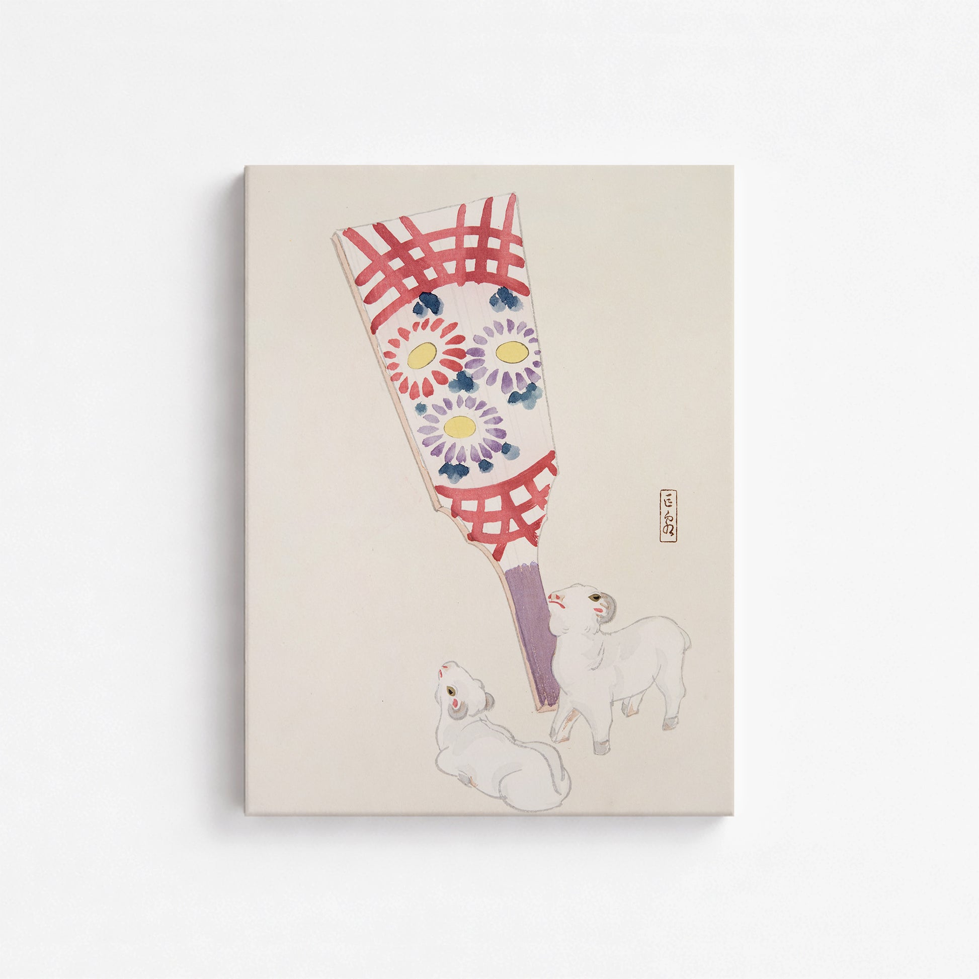 Kawasaki Kyosen: Kyosen’s Collected Illustrations of Japanese Toys Nr. 54 ("Playful Spirits: Traditional Paddle and Lambs"), 30x40cm Satin Canvas Art Reproduction