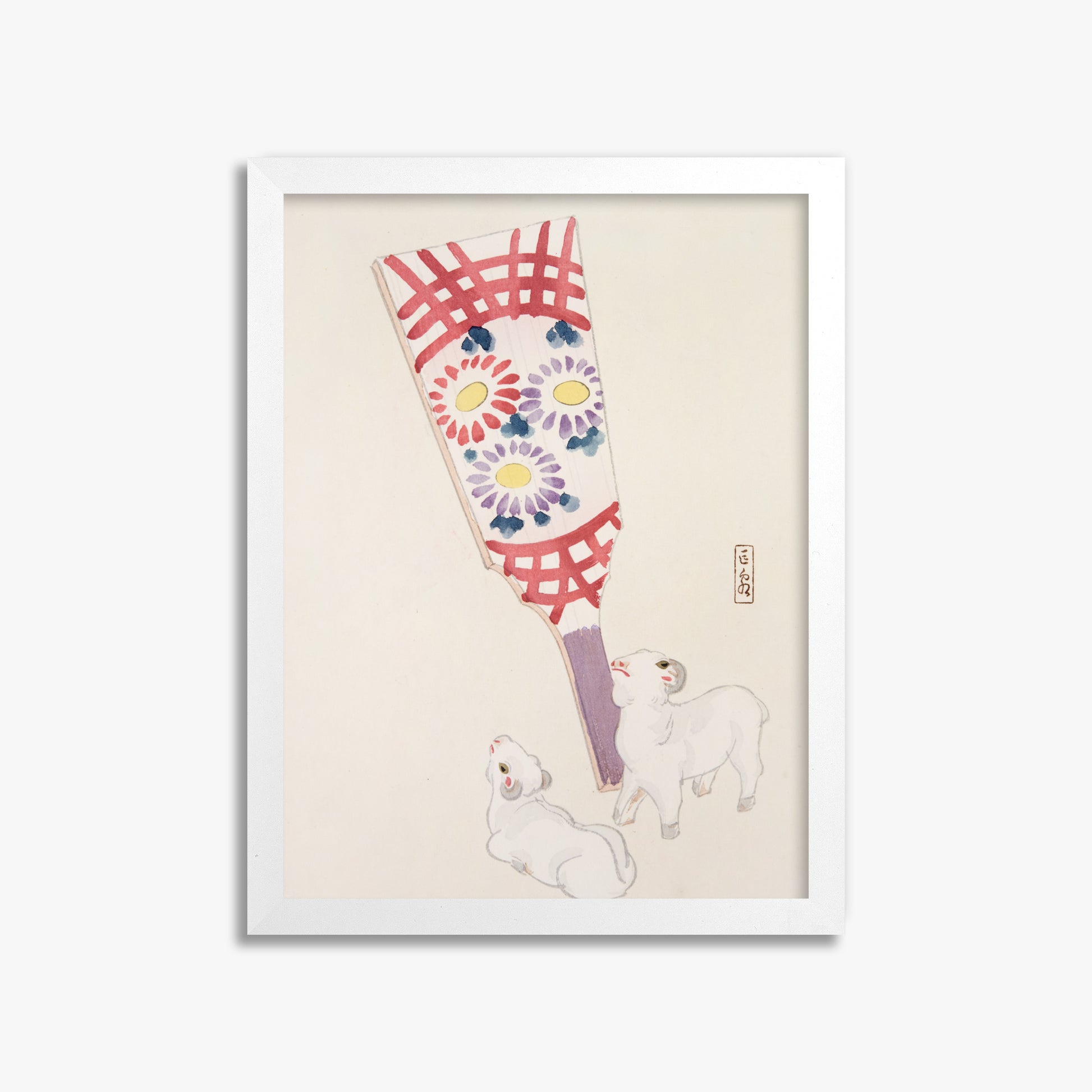 Kawasaki Kyosen: Kyosen’s Collected Illustrations of Japanese Toys Nr. 54 ("Playful Spirits: Traditional Paddle and Lambs"), 30x40cm Framed Art Reproduction With White Frame