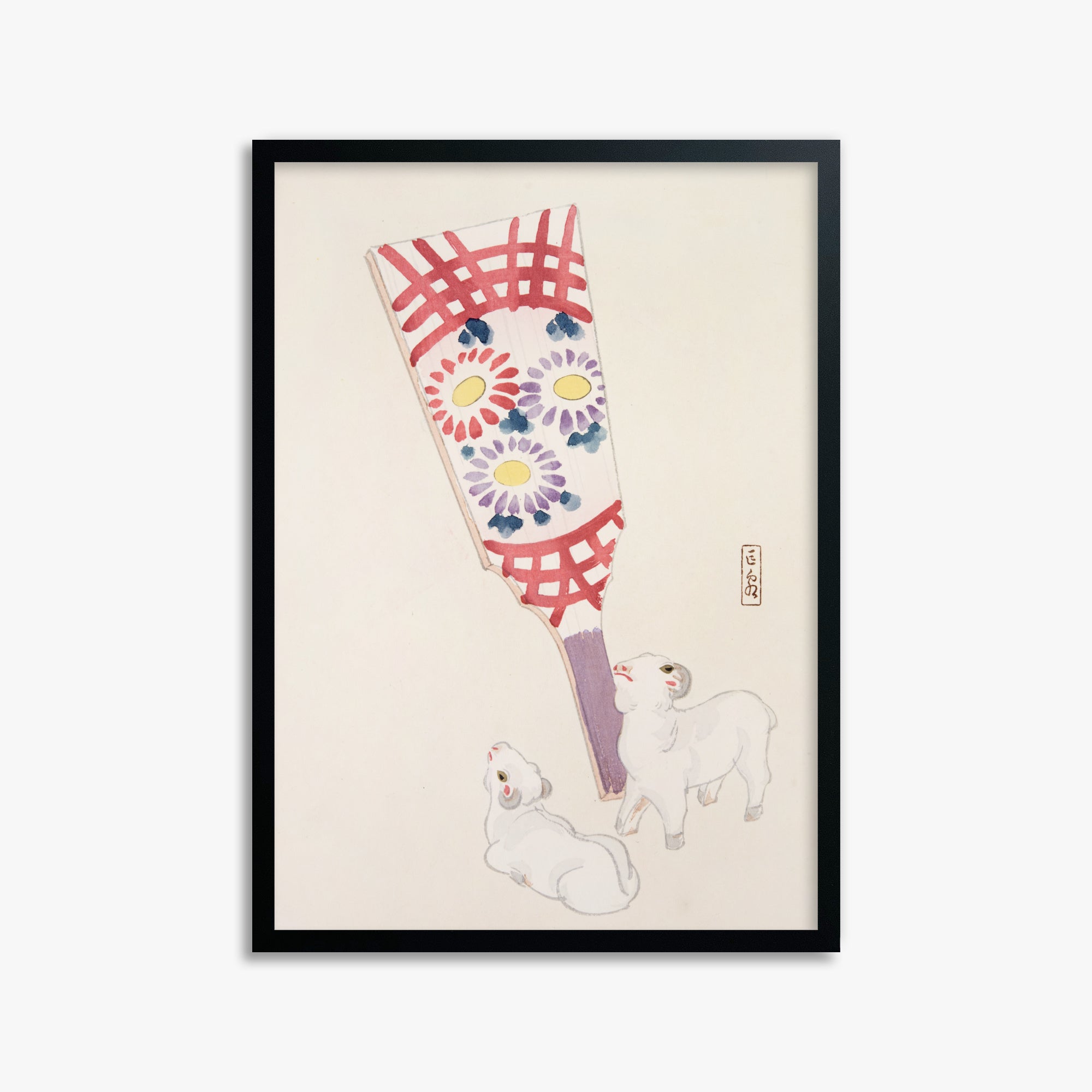 Kawasaki Kyosen: Kyosen’s Collected Illustrations of Japanese Toys Nr. 54 ("Playful Spirits: Traditional Paddle and Lambs"), 50x70cm Framed Art Reproduction With Black Frame