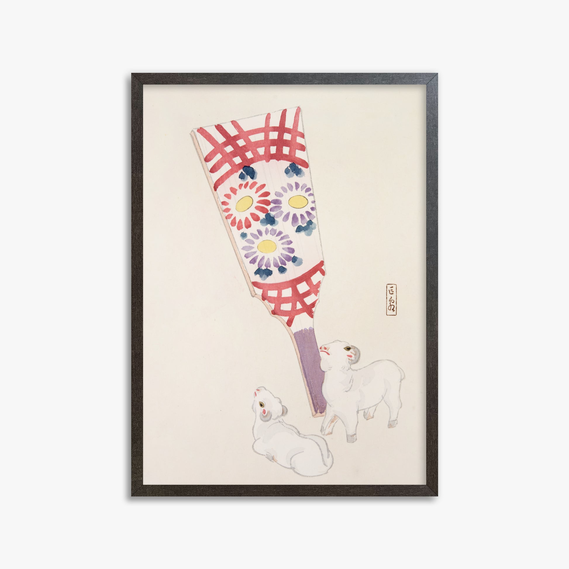 Kawasaki Kyosen: Kyosen’s Collected Illustrations of Japanese Toys Nr. 54 ("Playful Spirits: Traditional Paddle and Lambs"), 50x70cm Framed Art Reproduction With Espresso Frame