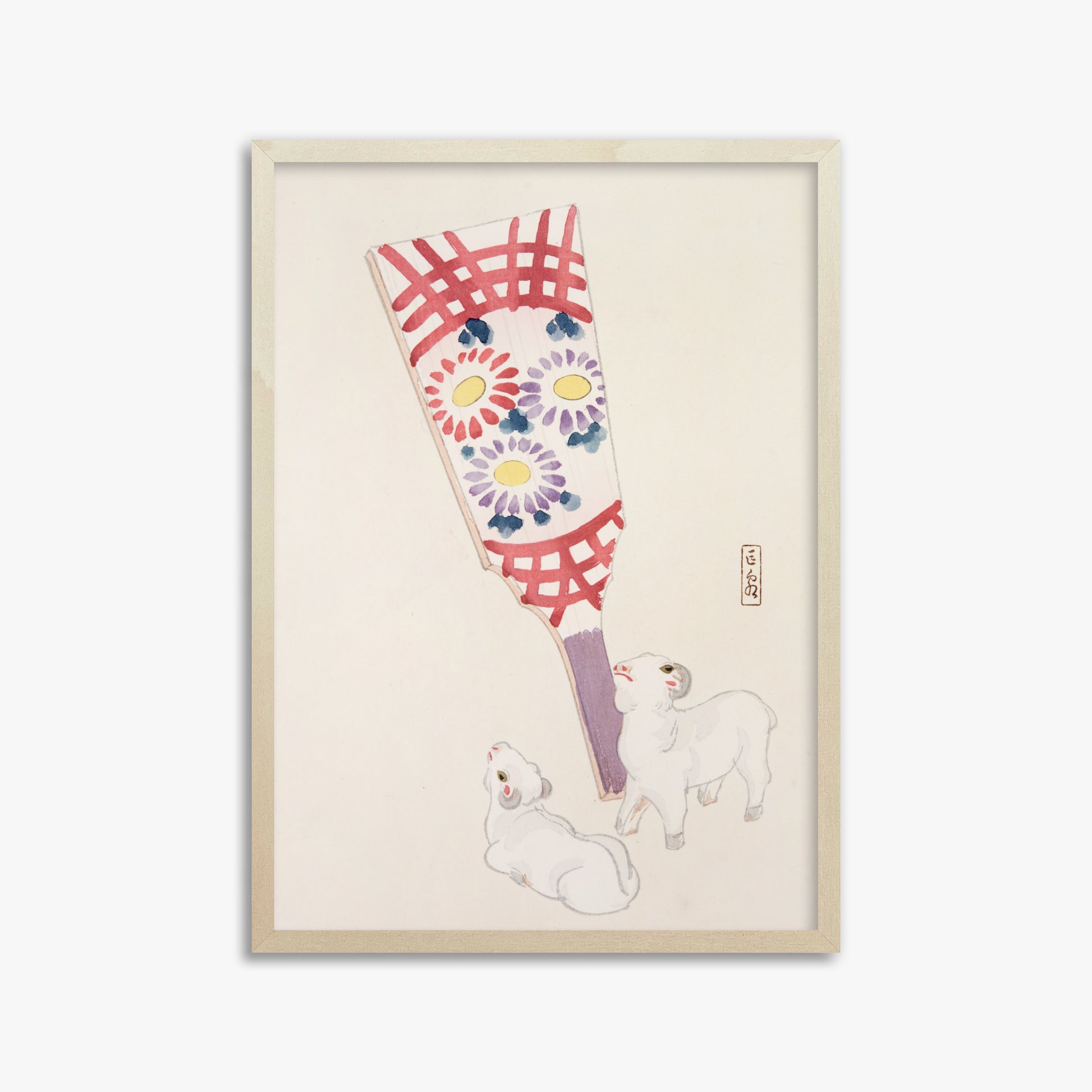 Kawasaki Kyosen: Kyosen’s Collected Illustrations of Japanese Toys Nr. 54 ("Playful Spirits: Traditional Paddle and Lambs"), 50x70cm Framed Art Reproduction With Lime Wood Frame