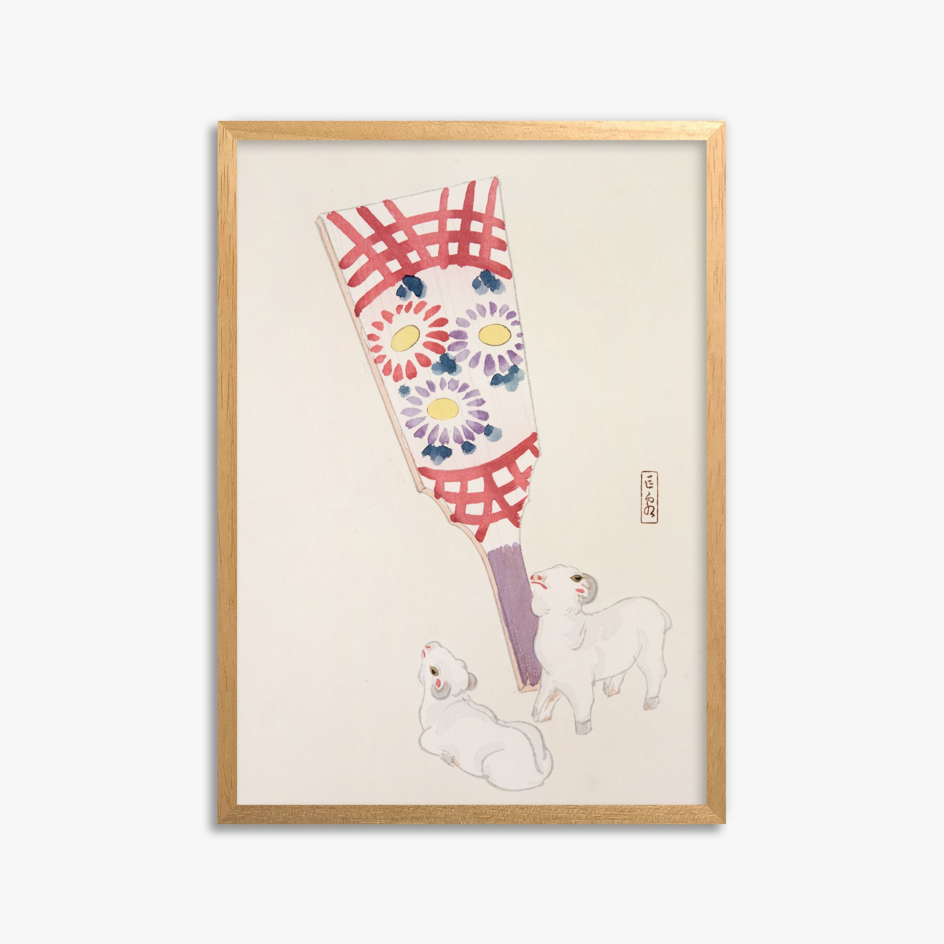 Kawasaki Kyosen: Kyosen’s Collected Illustrations of Japanese Toys Nr. 54 ("Playful Spirits: Traditional Paddle and Lambs"), 50x70cm Framed Art Reproduction With Oak Frame