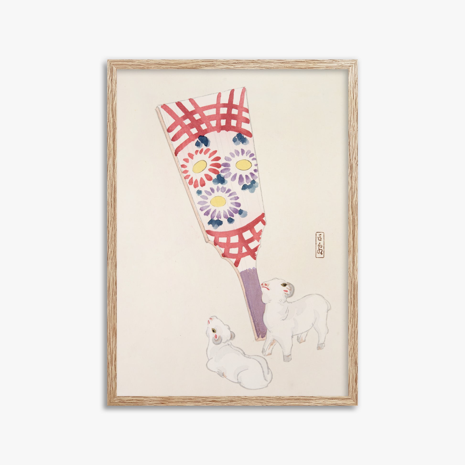Kawasaki Kyosen: Kyosen’s Collected Illustrations of Japanese Toys Nr. 54 ("Playful Spirits: Traditional Paddle and Lambs"), 50x70cm Framed Art Reproduction With Raw Oak Frame