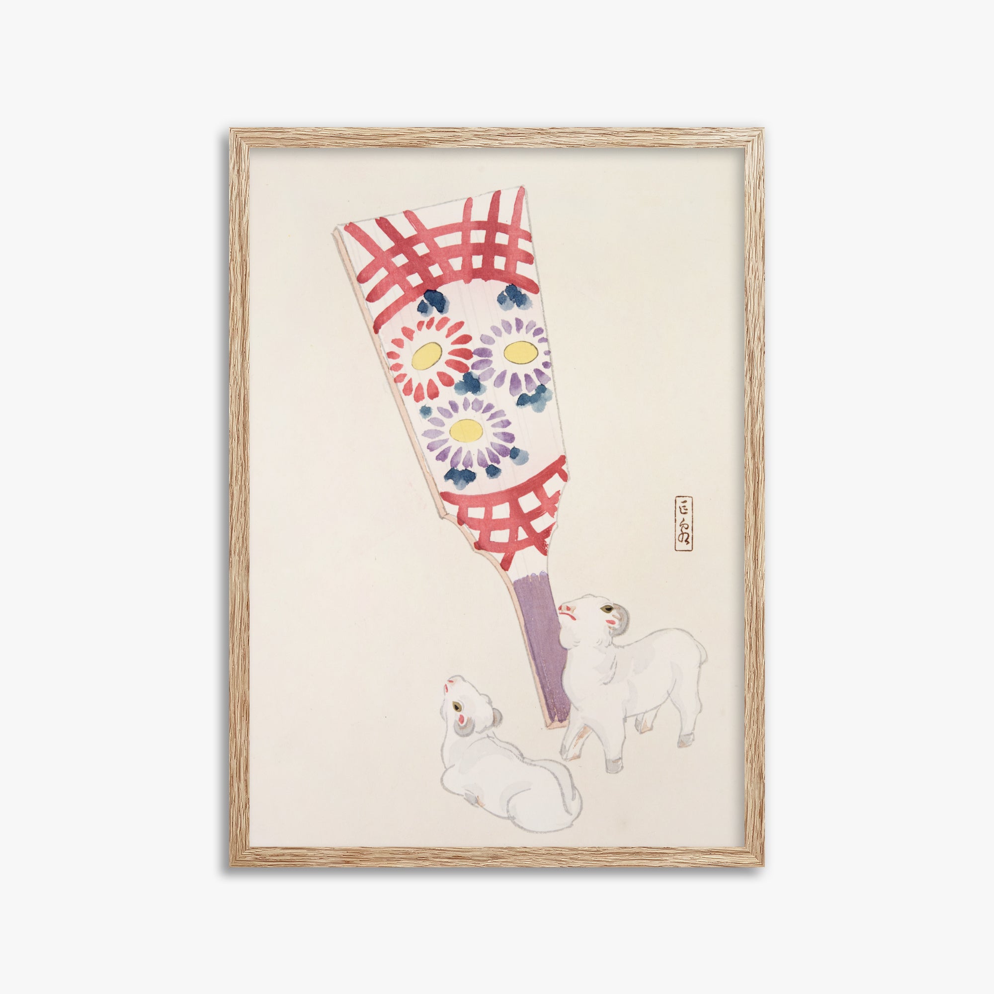 Kawasaki Kyosen: Kyosen’s Collected Illustrations of Japanese Toys Nr. 54 ("Playful Spirits: Traditional Paddle and Lambs"), 50x70cm Framed Art Reproduction With Raw Oak Frame