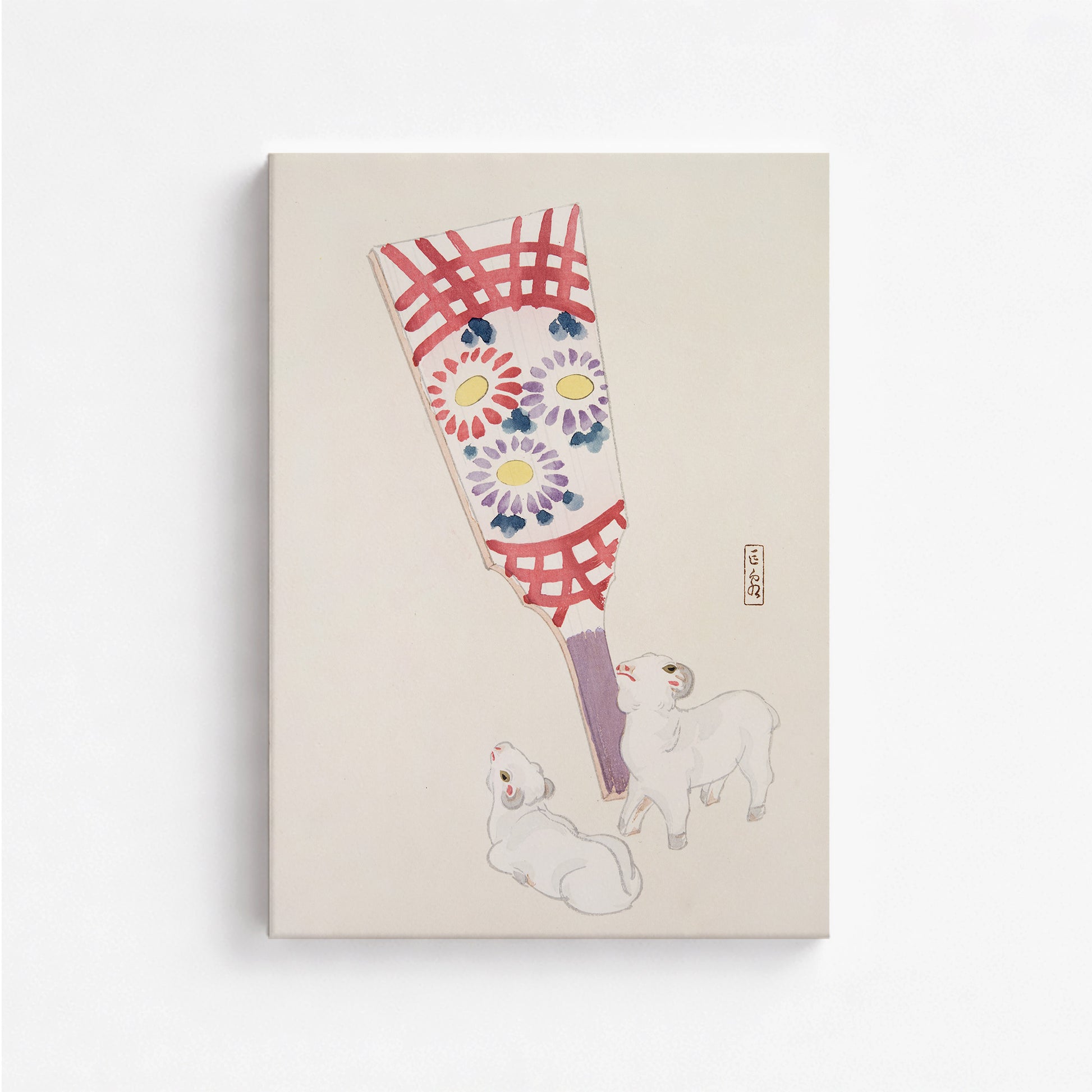 Kawasaki Kyosen: Kyosen’s Collected Illustrations of Japanese Toys Nr. 54 ("Playful Spirits: Traditional Paddle and Lambs"), 50x70cm Satin Canvas Art Reproduction