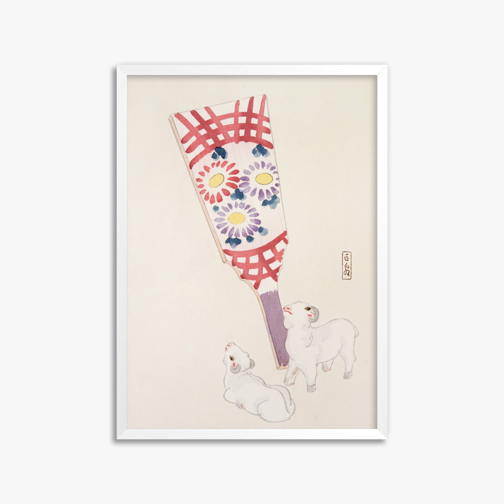 Kawasaki Kyosen: Kyosen’s Collected Illustrations of Japanese Toys Nr. 54 ("Playful Spirits: Traditional Paddle and Lambs"), 50x70cm Framed Art Reproduction With White Frame