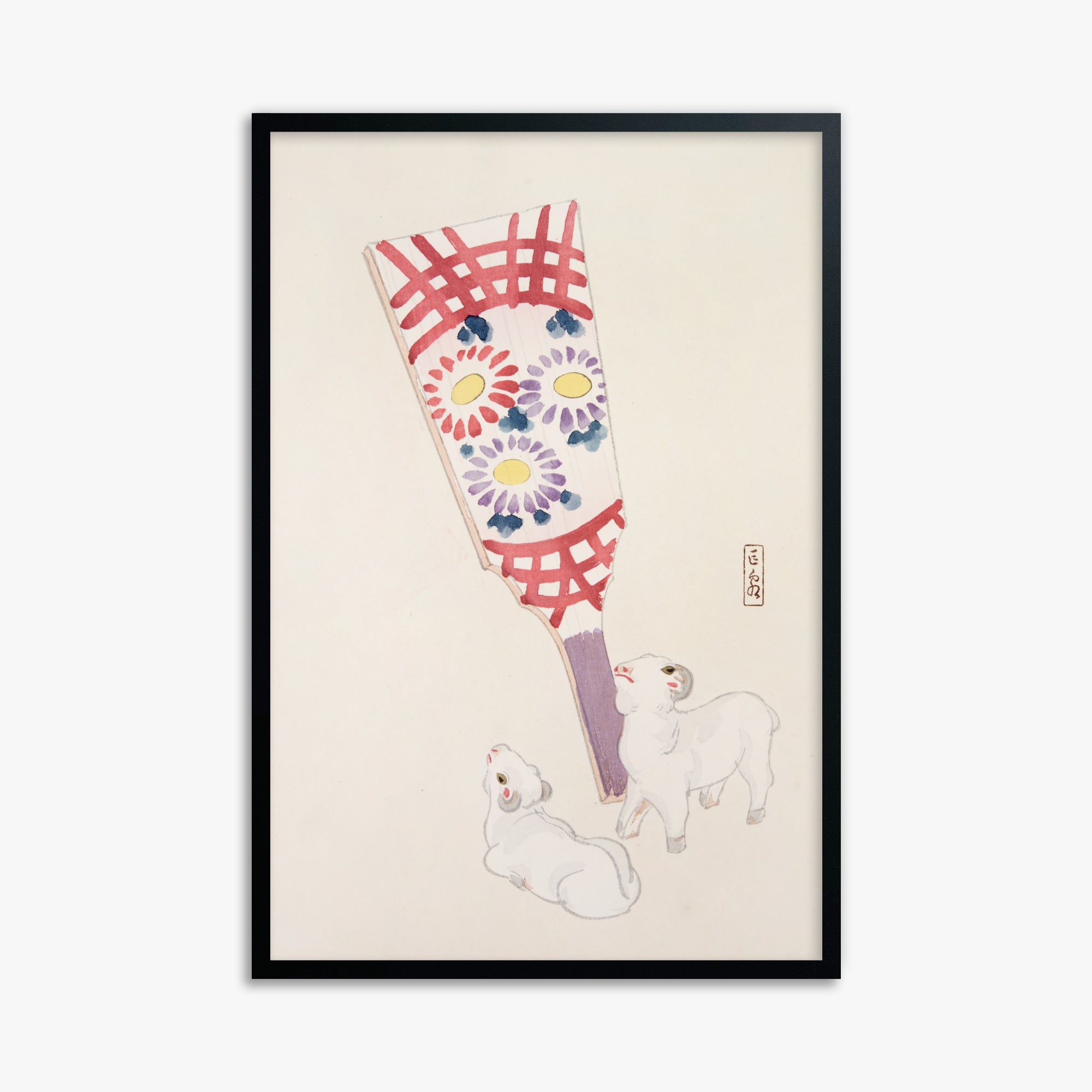 Kawasaki Kyosen: Kyosen’s Collected Illustrations of Japanese Toys Nr. 54 ("Playful Spirits: Traditional Paddle and Lambs"), 61x91cm Framed Art Reproduction With Black Frame