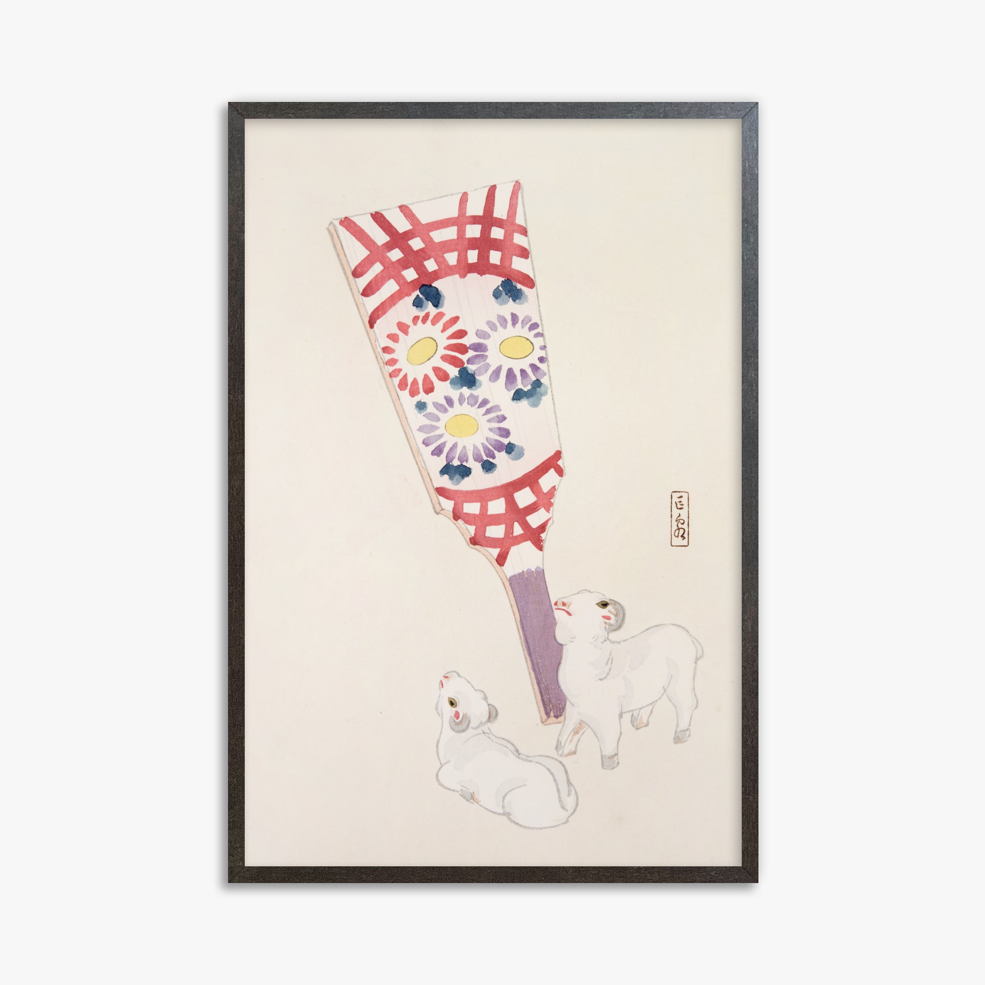 Kawasaki Kyosen: Kyosen’s Collected Illustrations of Japanese Toys Nr. 54 ("Playful Spirits: Traditional Paddle and Lambs"), 61x91cm Framed Art Reproduction With Espresso Frame