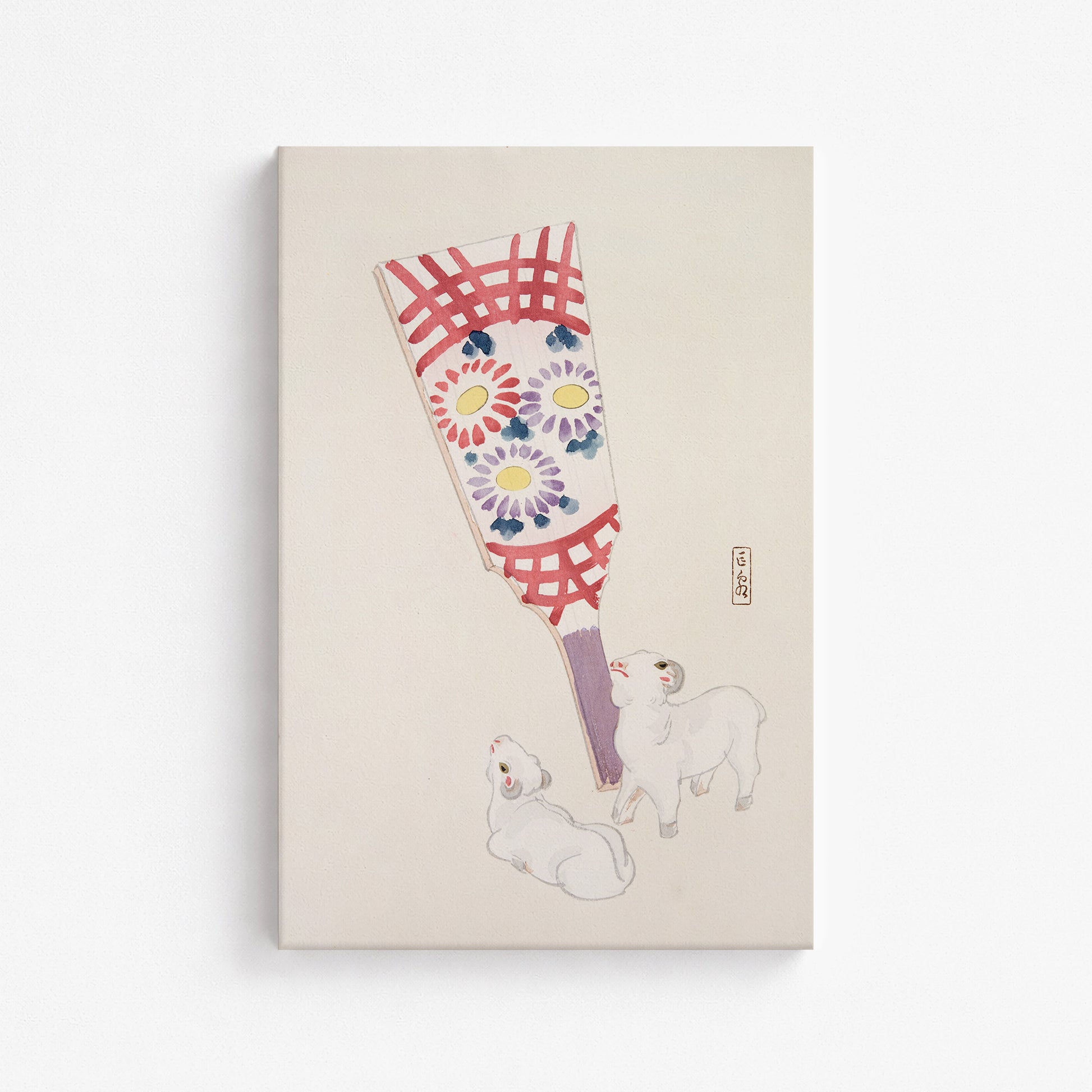 Kawasaki Kyosen: Kyosen’s Collected Illustrations of Japanese Toys Nr. 54 ("Playful Spirits: Traditional Paddle and Lambs"), 61x91cm Satin Canvas Art Reproduction
