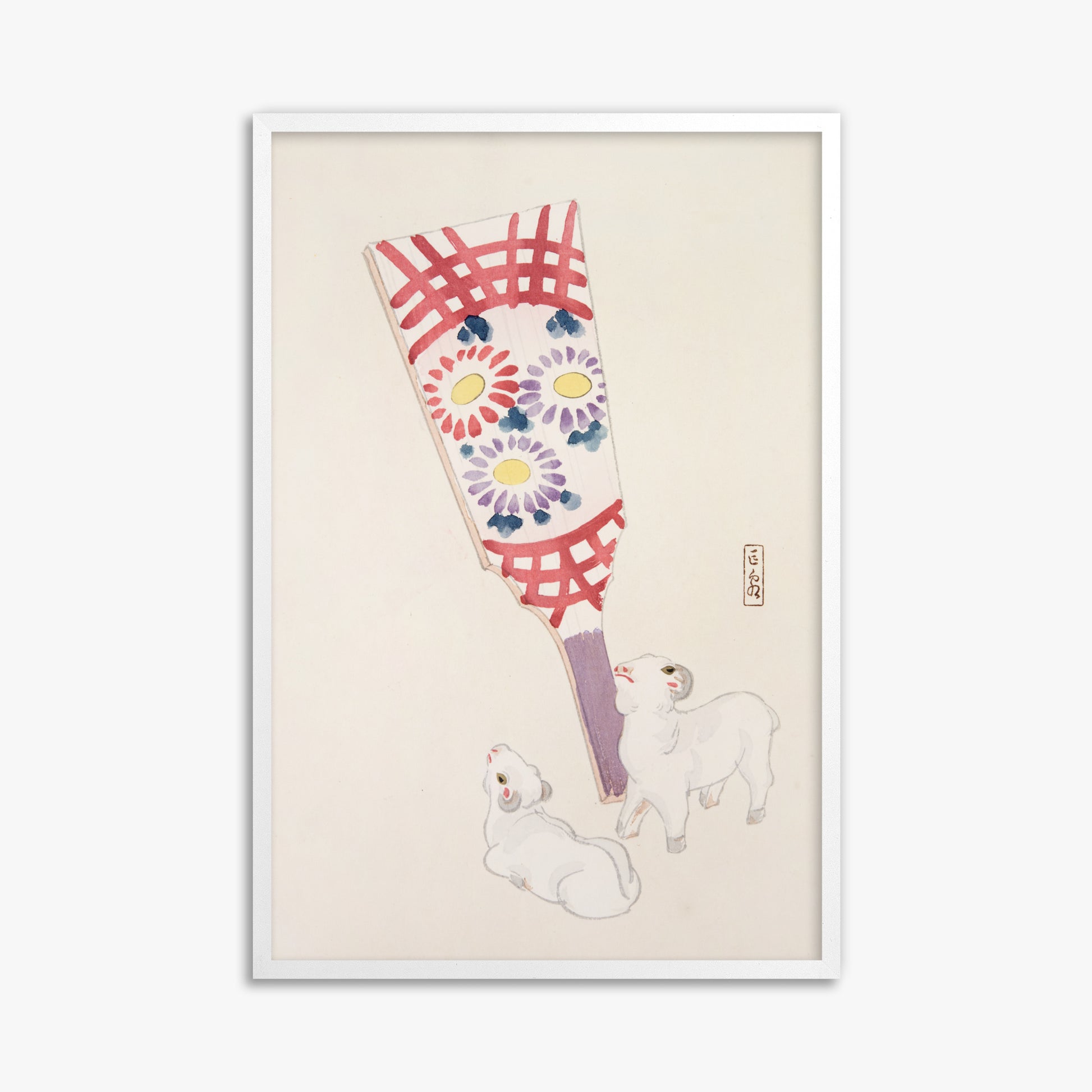 Kawasaki Kyosen: Kyosen’s Collected Illustrations of Japanese Toys Nr. 54 ("Playful Spirits: Traditional Paddle and Lambs"), 61x91cm Framed Art Reproduction With White Frame