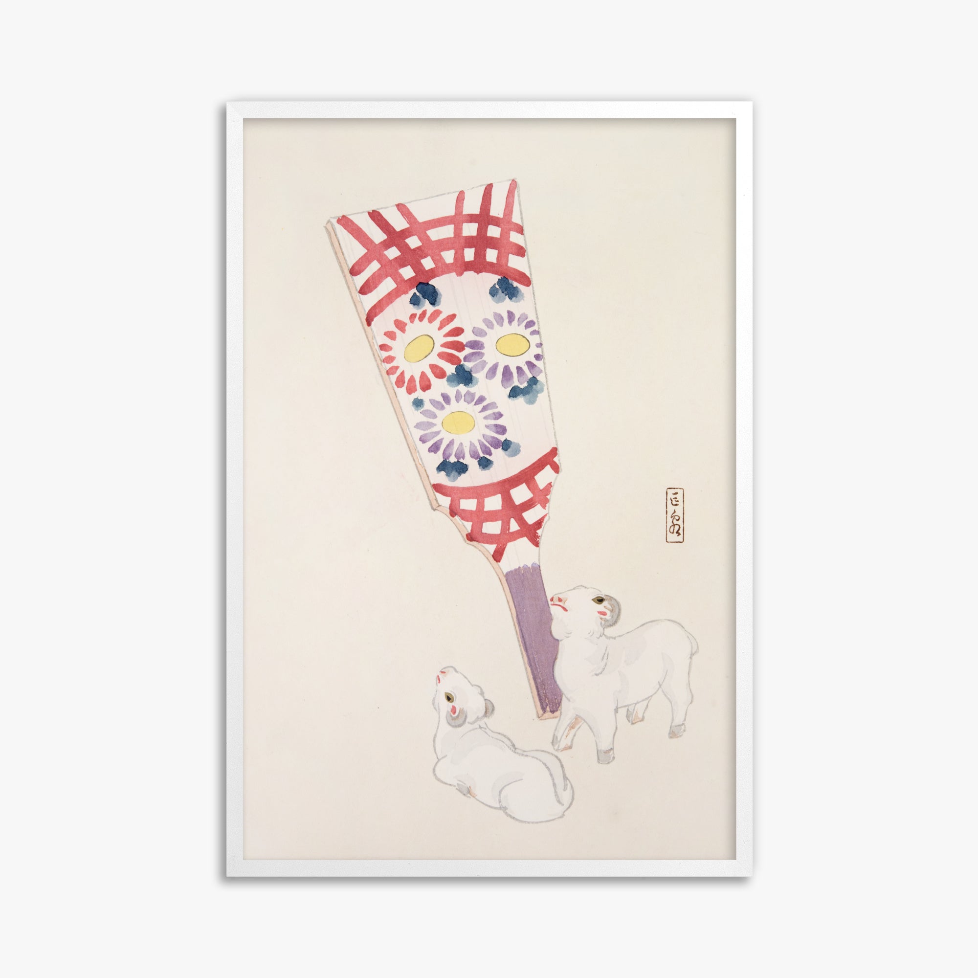 Kawasaki Kyosen: Kyosen’s Collected Illustrations of Japanese Toys Nr. 54 ("Playful Spirits: Traditional Paddle and Lambs"), 61x91cm Framed Art Reproduction With White Frame