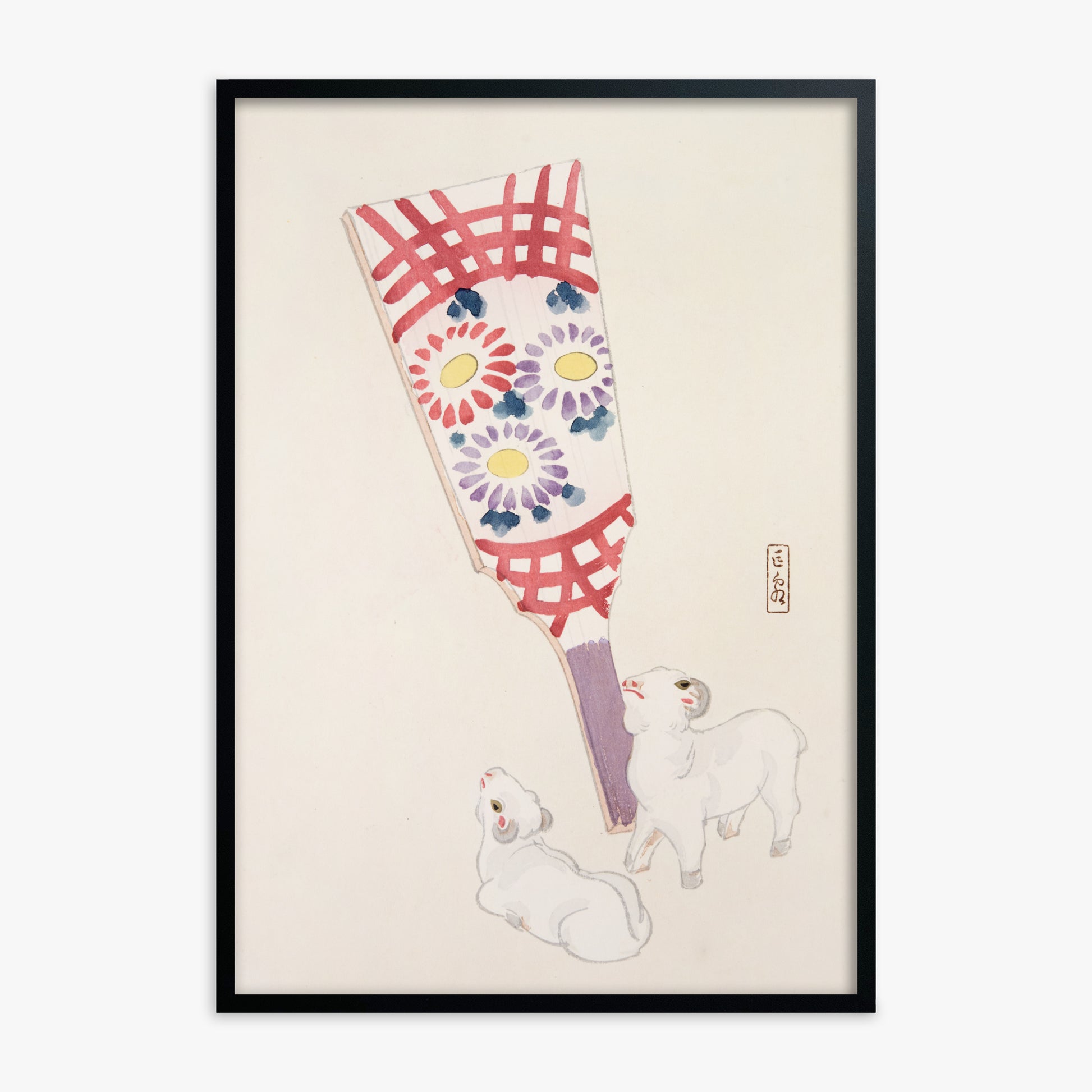 Kawasaki Kyosen: Kyosen’s Collected Illustrations of Japanese Toys Nr. 54 ("Playful Spirits: Traditional Paddle and Lambs"), Black Framed Art Reproduction With Black Frame
