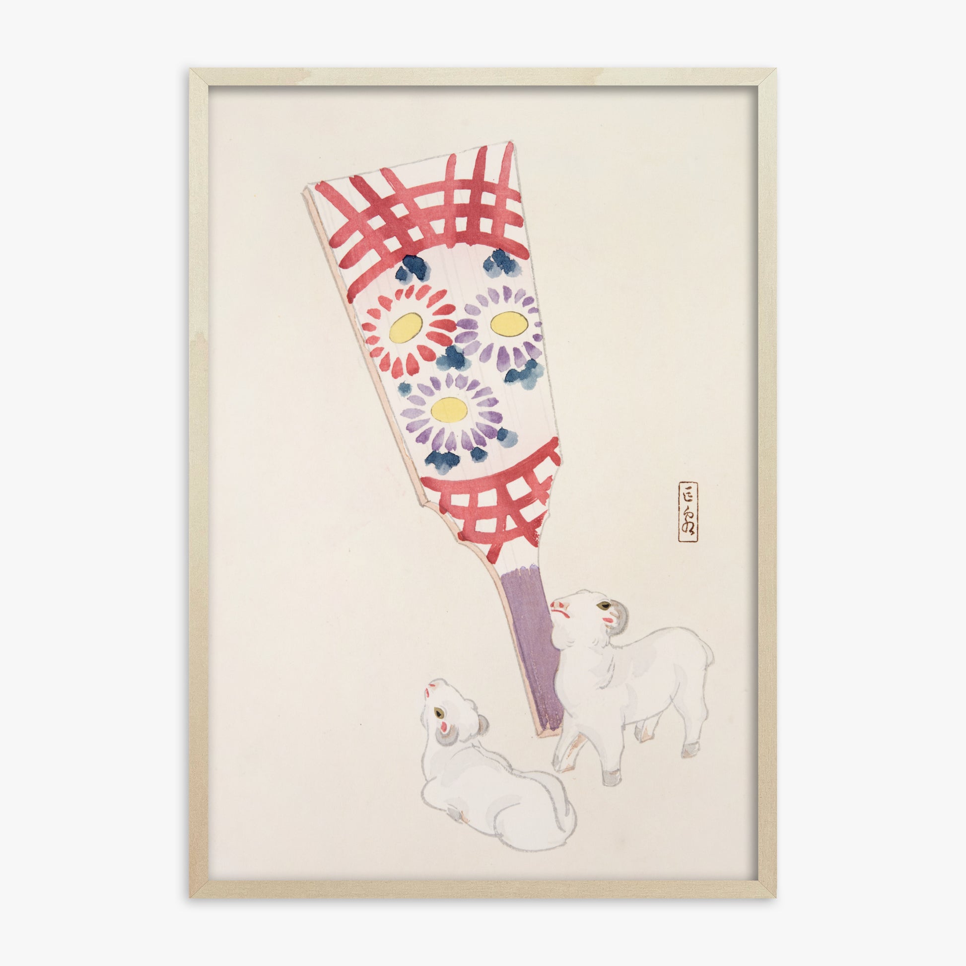 Kawasaki Kyosen: Kyosen’s Collected Illustrations of Japanese Toys Nr. 54 ("Playful Spirits: Traditional Paddle and Lambs"), 70x100cm Framed Art Reproduction With Lime Wood Frame
