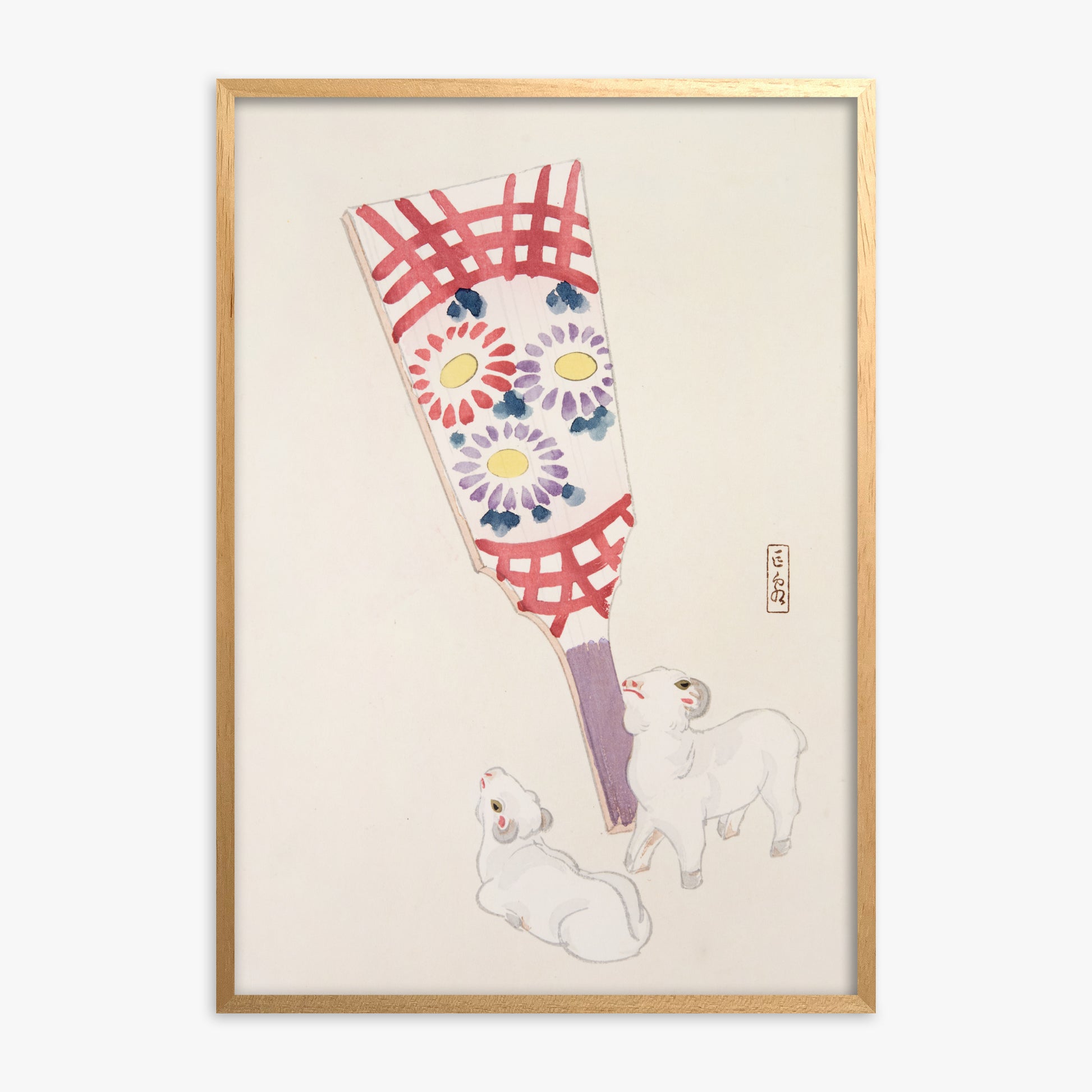 Kawasaki Kyosen: Kyosen’s Collected Illustrations of Japanese Toys Nr. 54 ("Playful Spirits: Traditional Paddle and Lambs"), Oak Framed Art Reproduction With Oak Frame