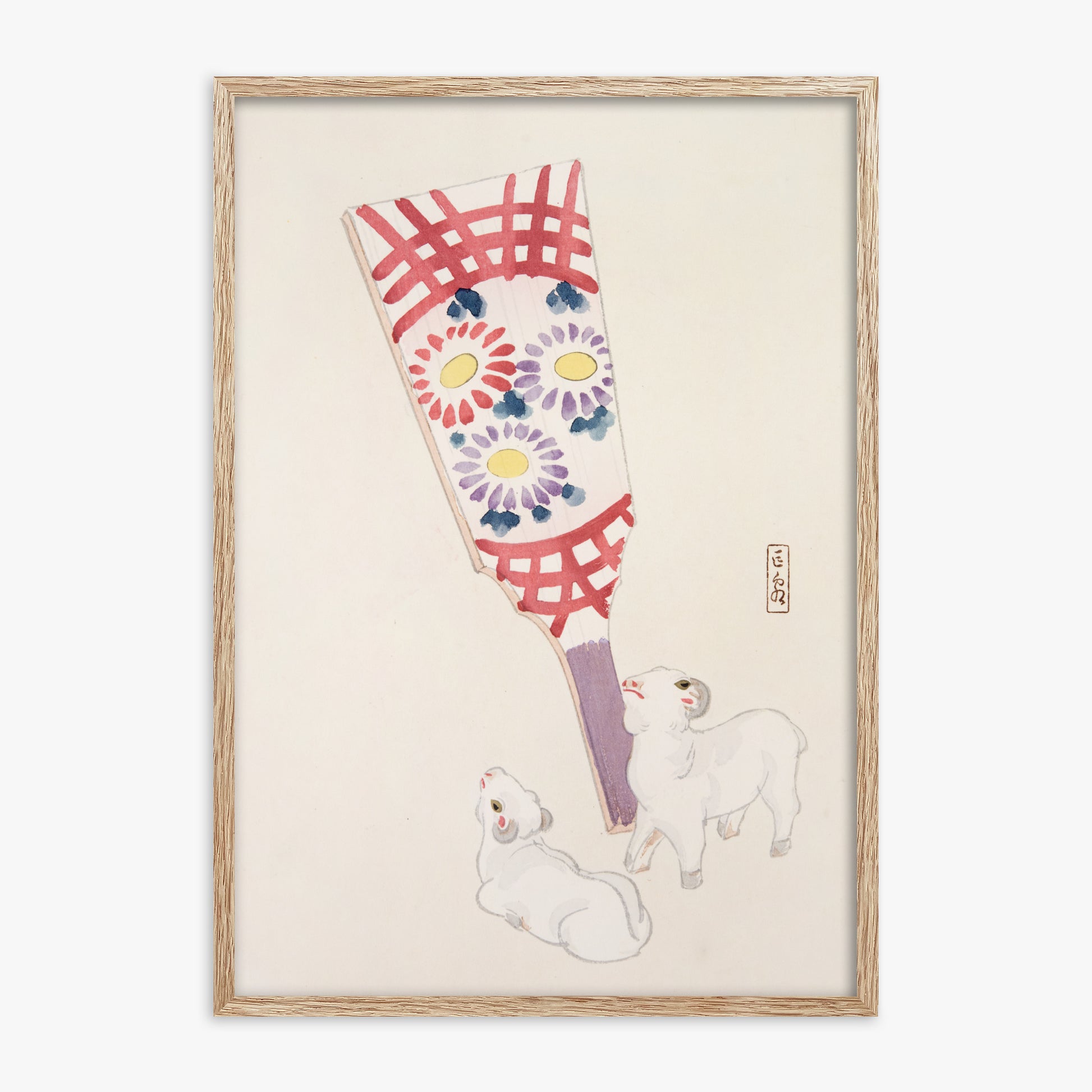 Kawasaki Kyosen: Kyosen’s Collected Illustrations of Japanese Toys Nr. 54 ("Playful Spirits: Traditional Paddle and Lambs"), 70x100cm Framed Art Reproduction With Raw Oak Frame