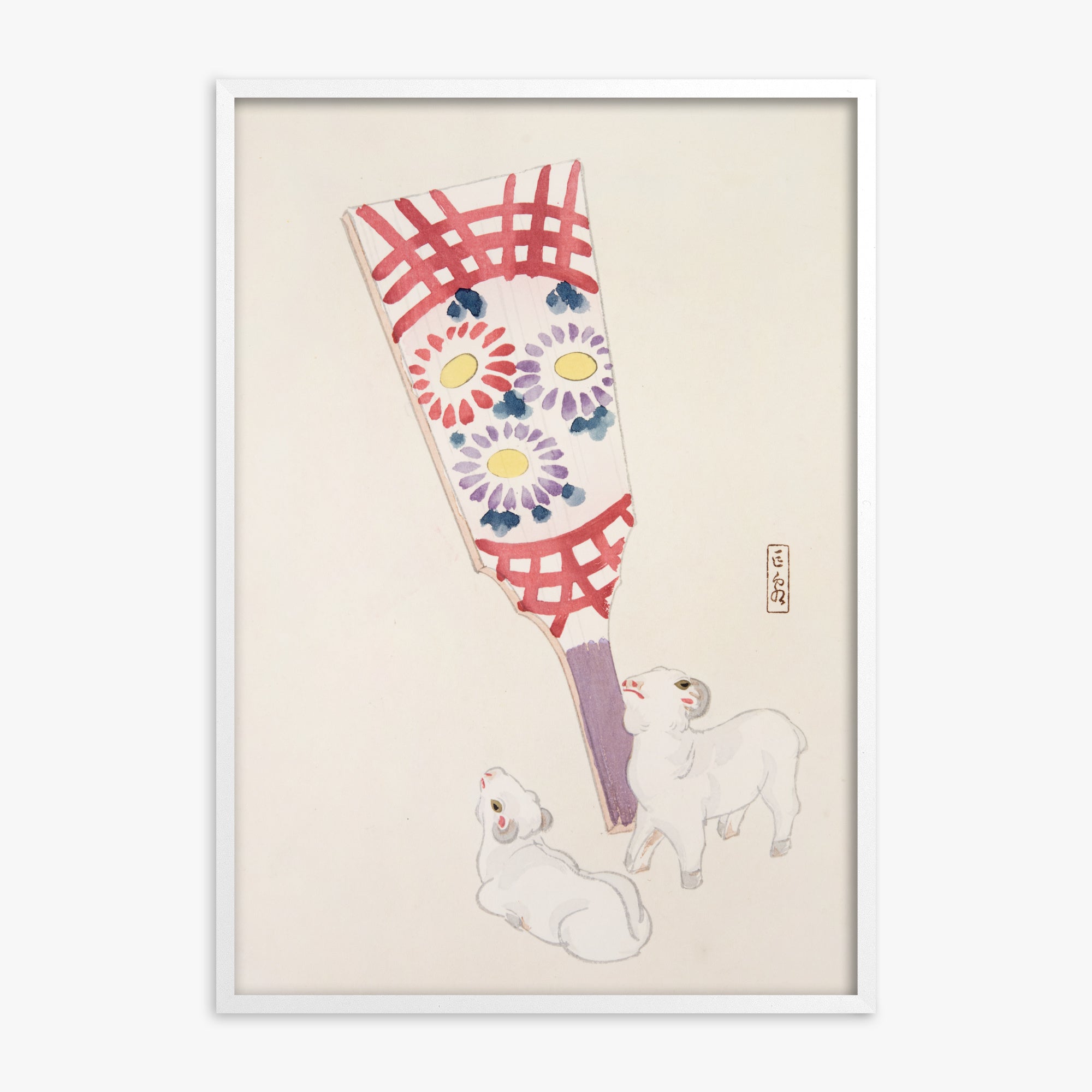 Kawasaki Kyosen: Kyosen’s Collected Illustrations of Japanese Toys Nr. 54 ("Playful Spirits: Traditional Paddle and Lambs"), White Framed Art Reproduction With White Frame