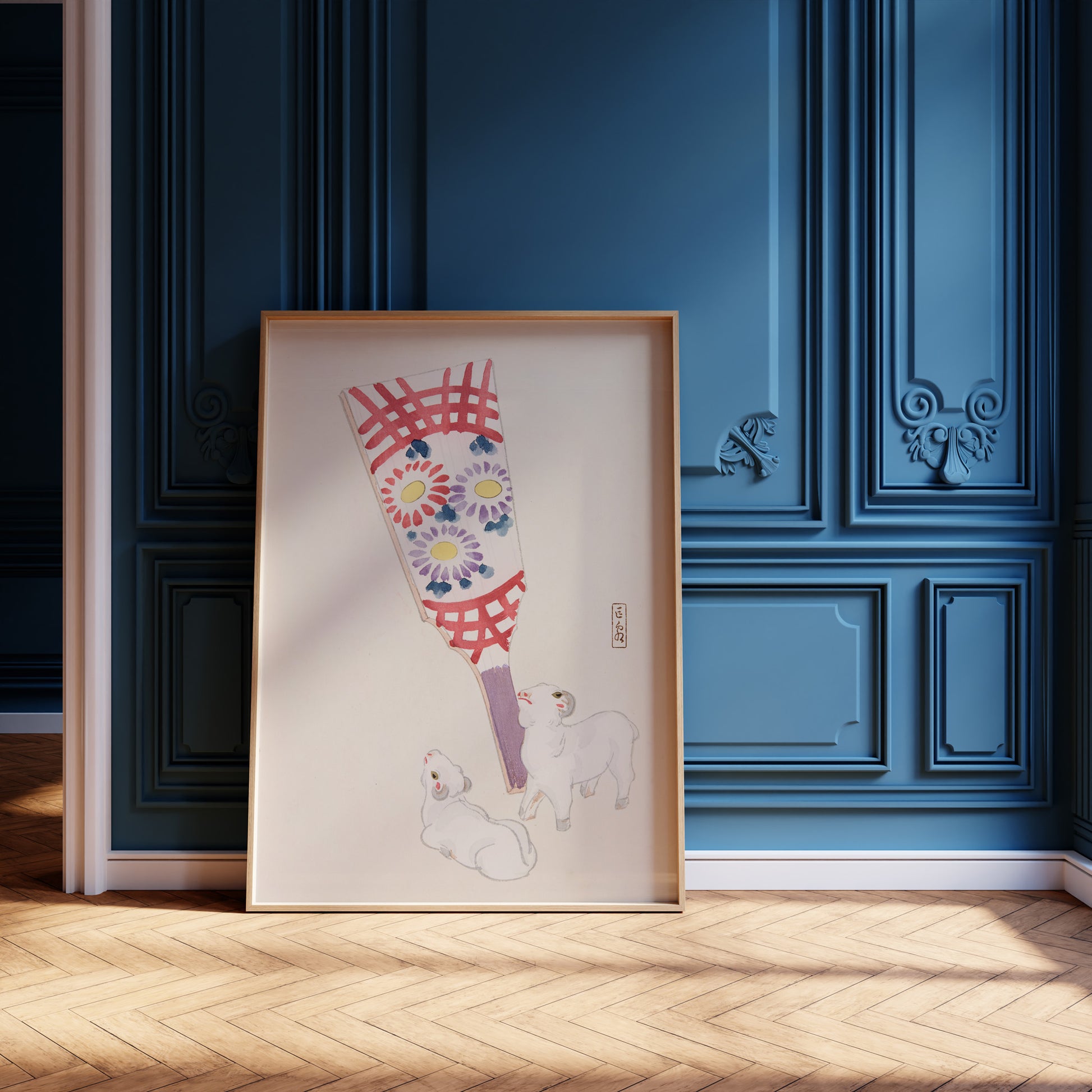 Design Concept No. 12 for Kawasaki Kyosen: Kyosen’s Collected Illustrations of Japanese Toys Nr. 54 ("Playful Spirits: Traditional Paddle and Lambs") Japanese Wall Art