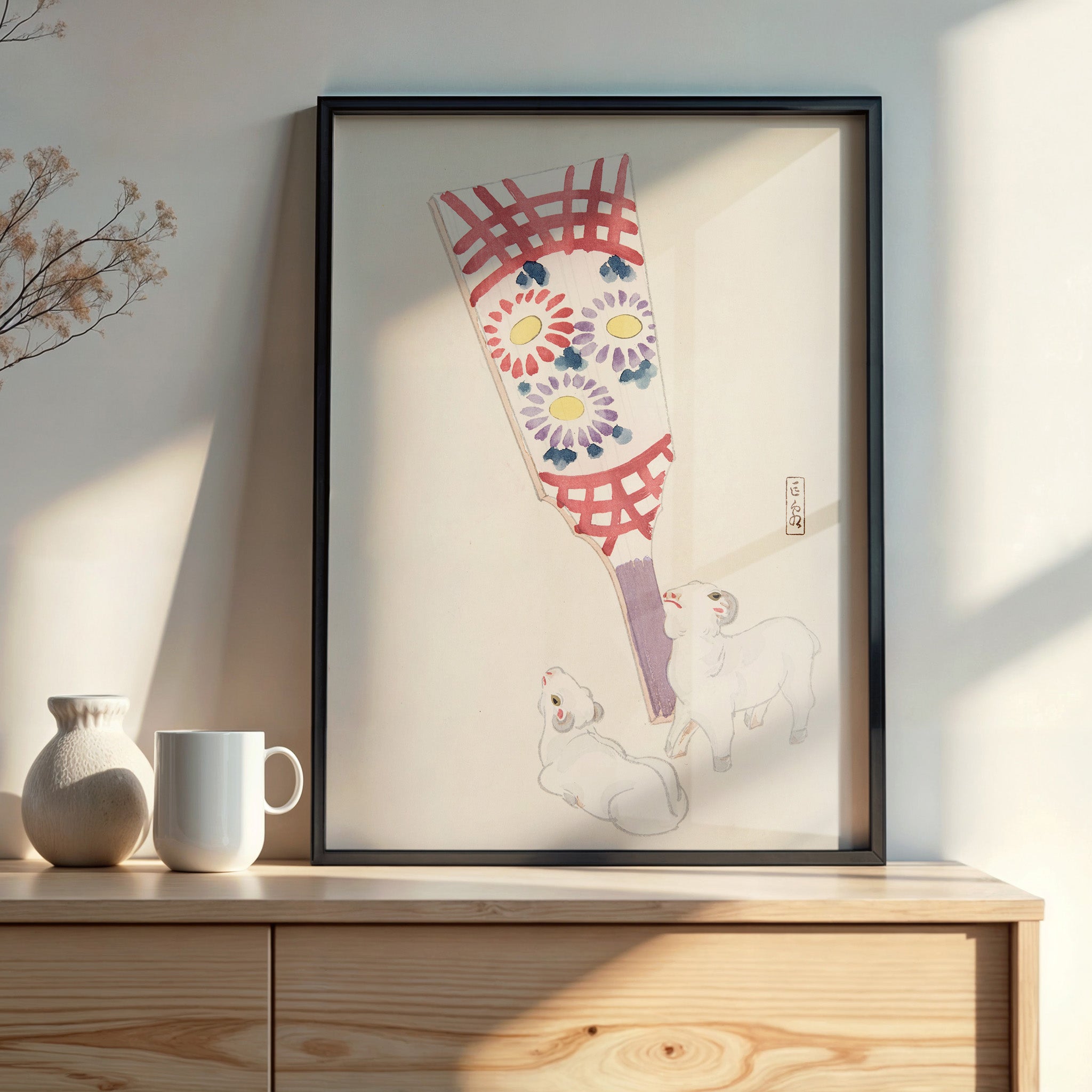Design Concept No. 22 for Kawasaki Kyosen: Kyosen’s Collected Illustrations of Japanese Toys Nr. 54 ("Playful Spirits: Traditional Paddle and Lambs") Japanese Wall Art