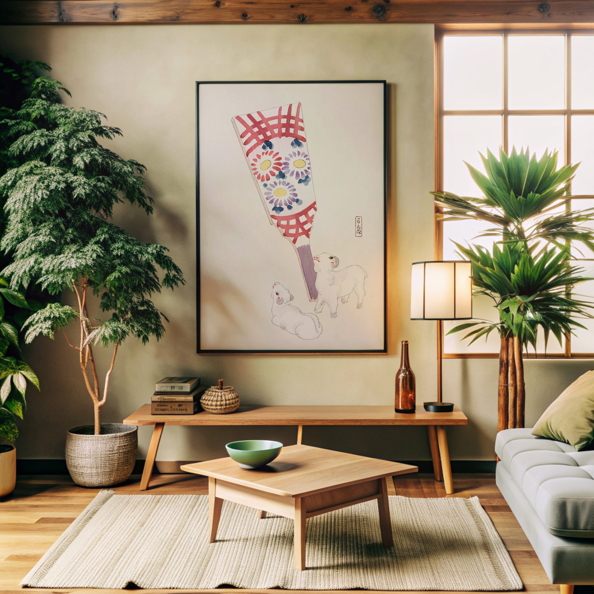 Design Concept No. 32 for Kawasaki Kyosen: Kyosen’s Collected Illustrations of Japanese Toys Nr. 54 ("Playful Spirits: Traditional Paddle and Lambs") Japanese Wall Art