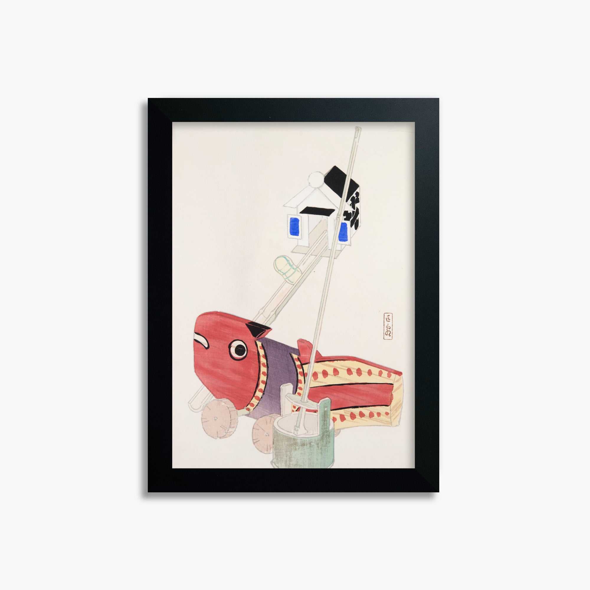 Kawasaki Kyosen: Kyosen’s Collected Illustrations of Japanese Toys Nr. 55 ("Harbor Guardian"), 21x30cm Framed Art Reproduction With Black Frame