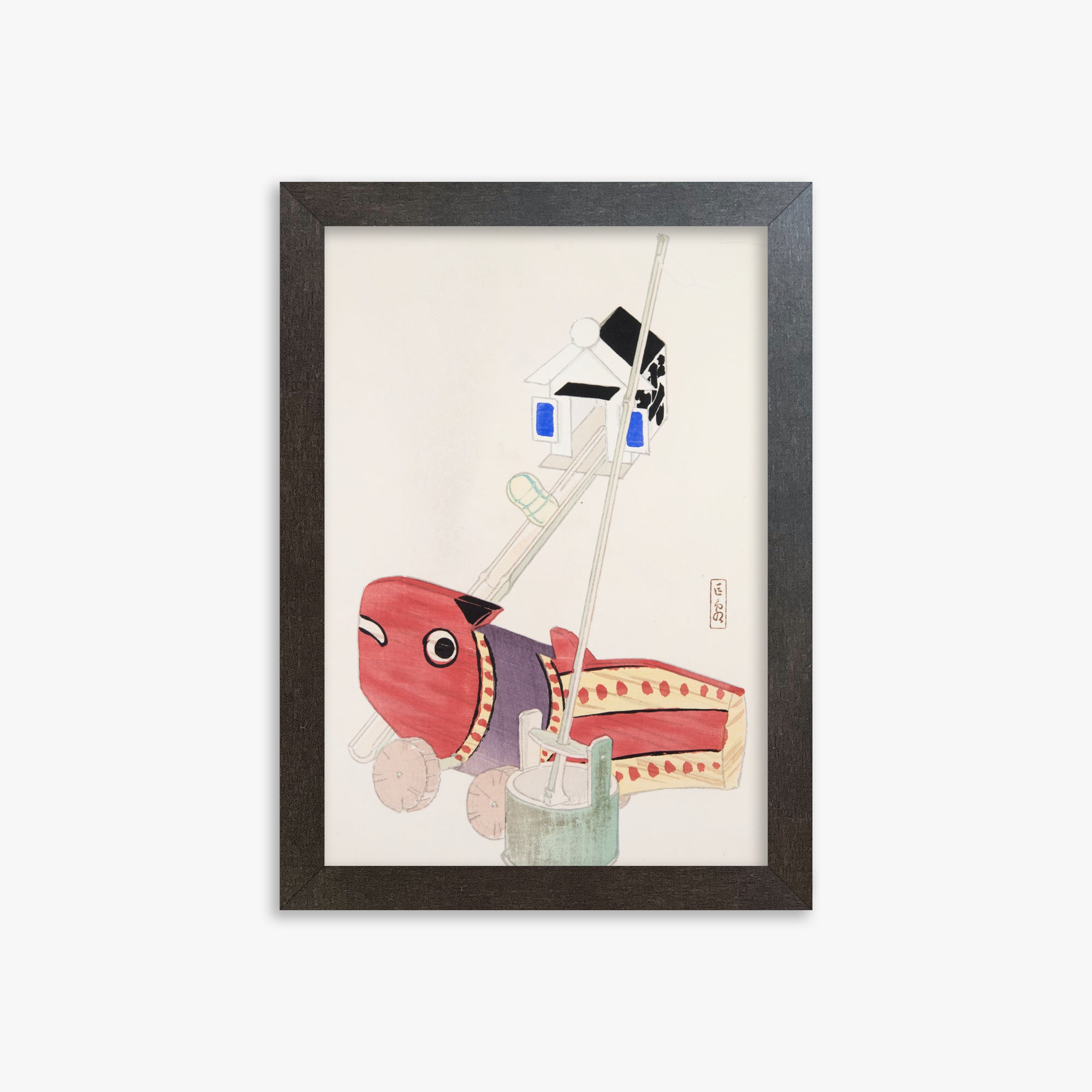 Kawasaki Kyosen: Kyosen’s Collected Illustrations of Japanese Toys Nr. 55 ("Harbor Guardian"), 21x30cm Framed Art Reproduction With Espresso Frame