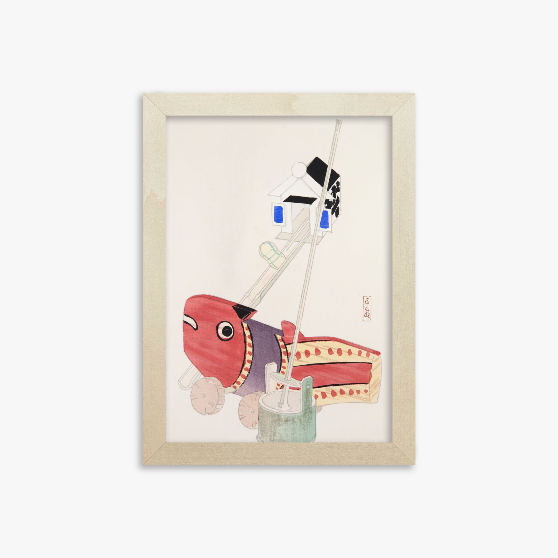 Kawasaki Kyosen: Kyosen’s Collected Illustrations of Japanese Toys Nr. 55 ("Harbor Guardian"), 21x30cm Framed Art Reproduction With Lime Wood Frame