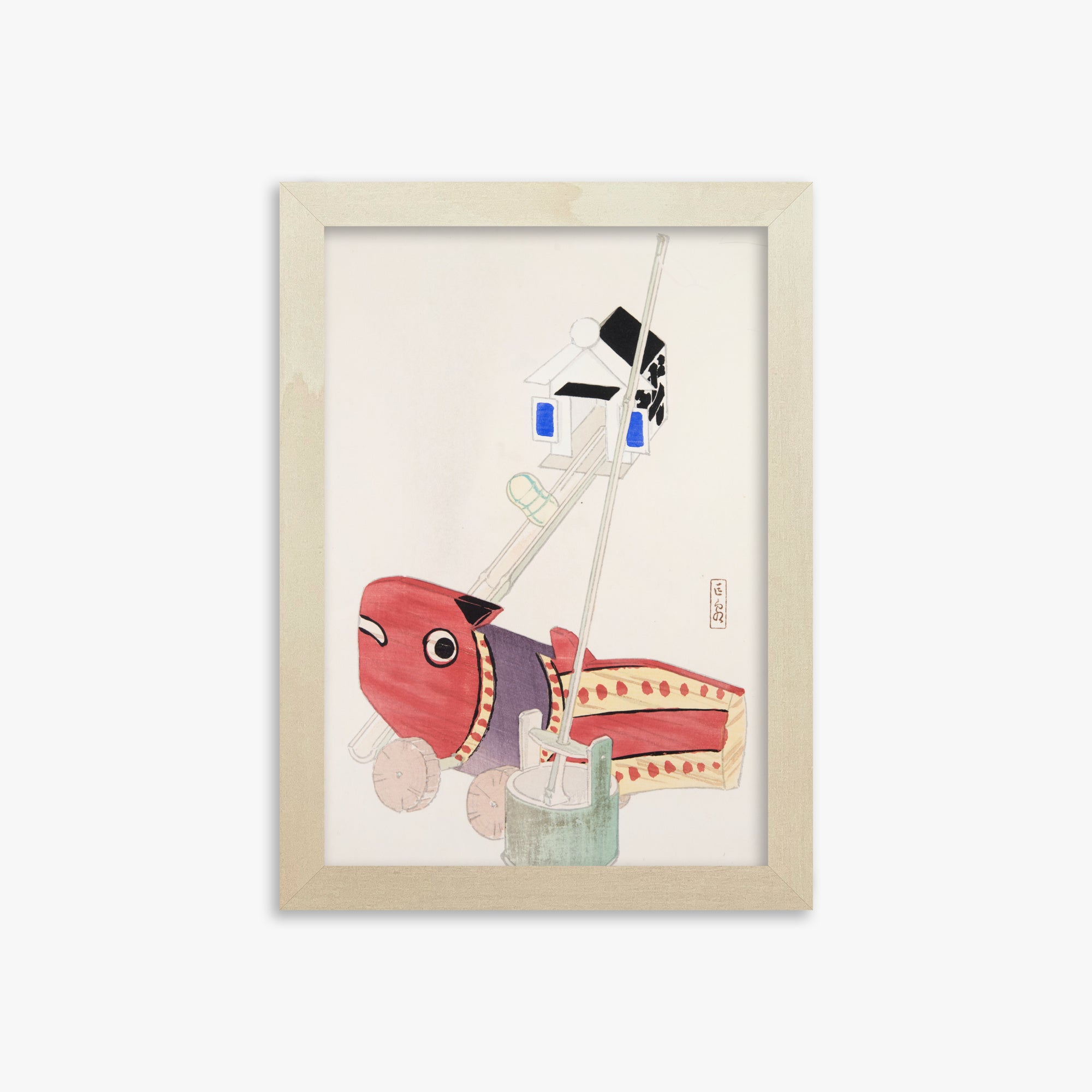 Kawasaki Kyosen: Kyosen’s Collected Illustrations of Japanese Toys Nr. 55 ("Harbor Guardian"), 21x30cm Framed Art Reproduction With Lime Wood Frame