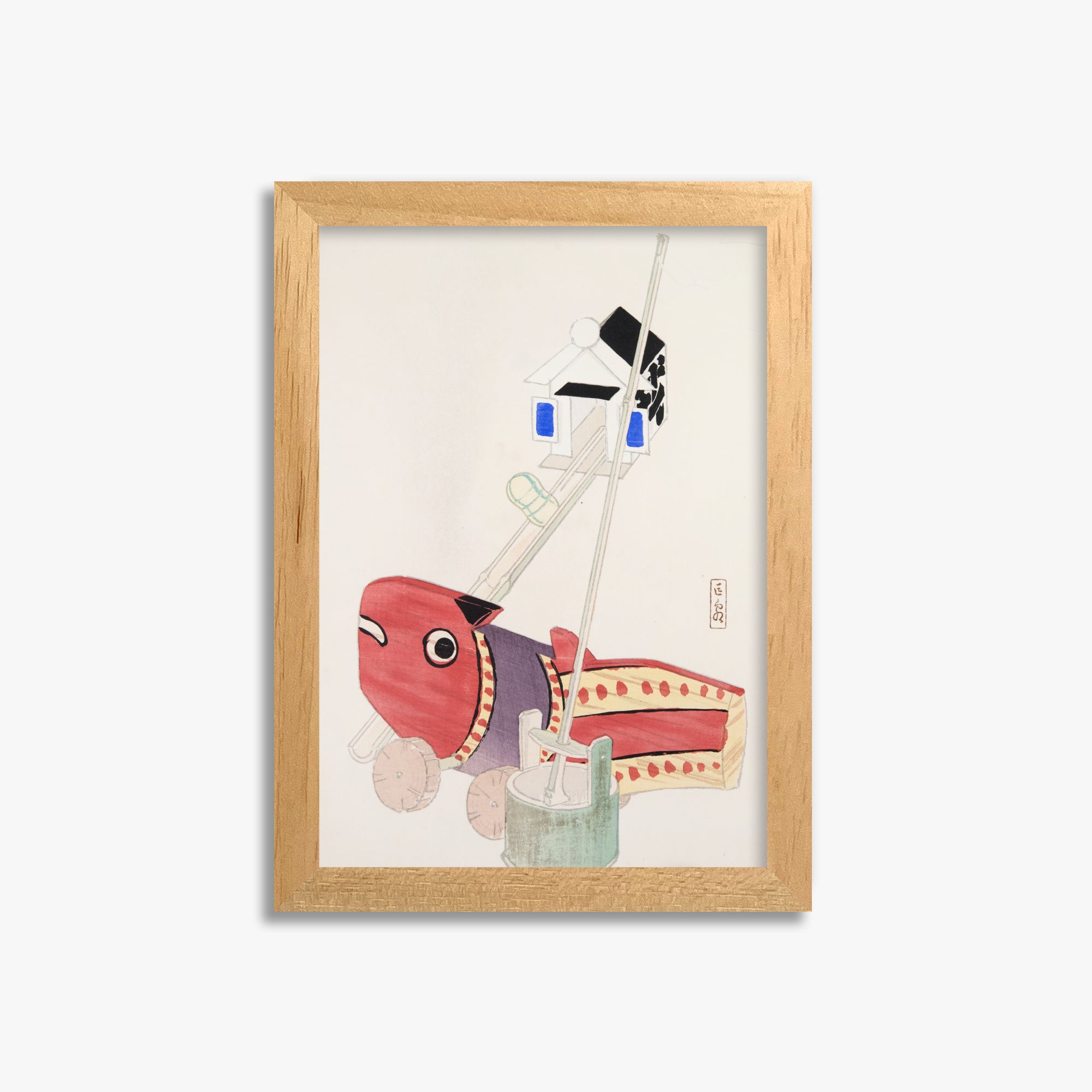 Kawasaki Kyosen: Kyosen’s Collected Illustrations of Japanese Toys Nr. 55 ("Harbor Guardian"), 21x30cm Framed Art Reproduction With Oak Frame