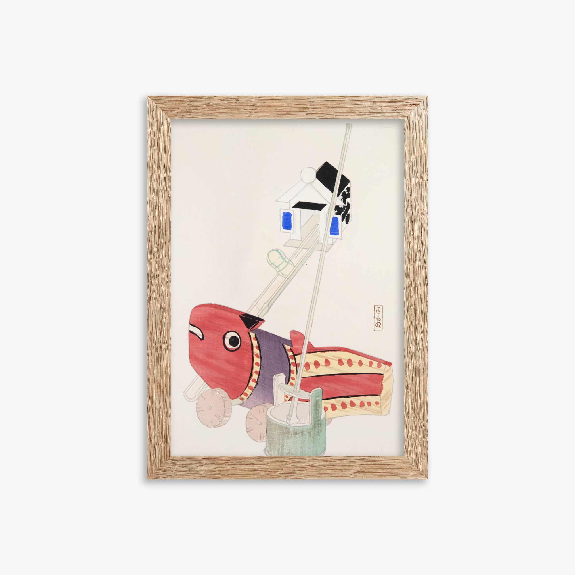 Kawasaki Kyosen: Kyosen’s Collected Illustrations of Japanese Toys Nr. 55 ("Harbor Guardian"), 21x30cm Framed Art Reproduction With Raw Oak Frame