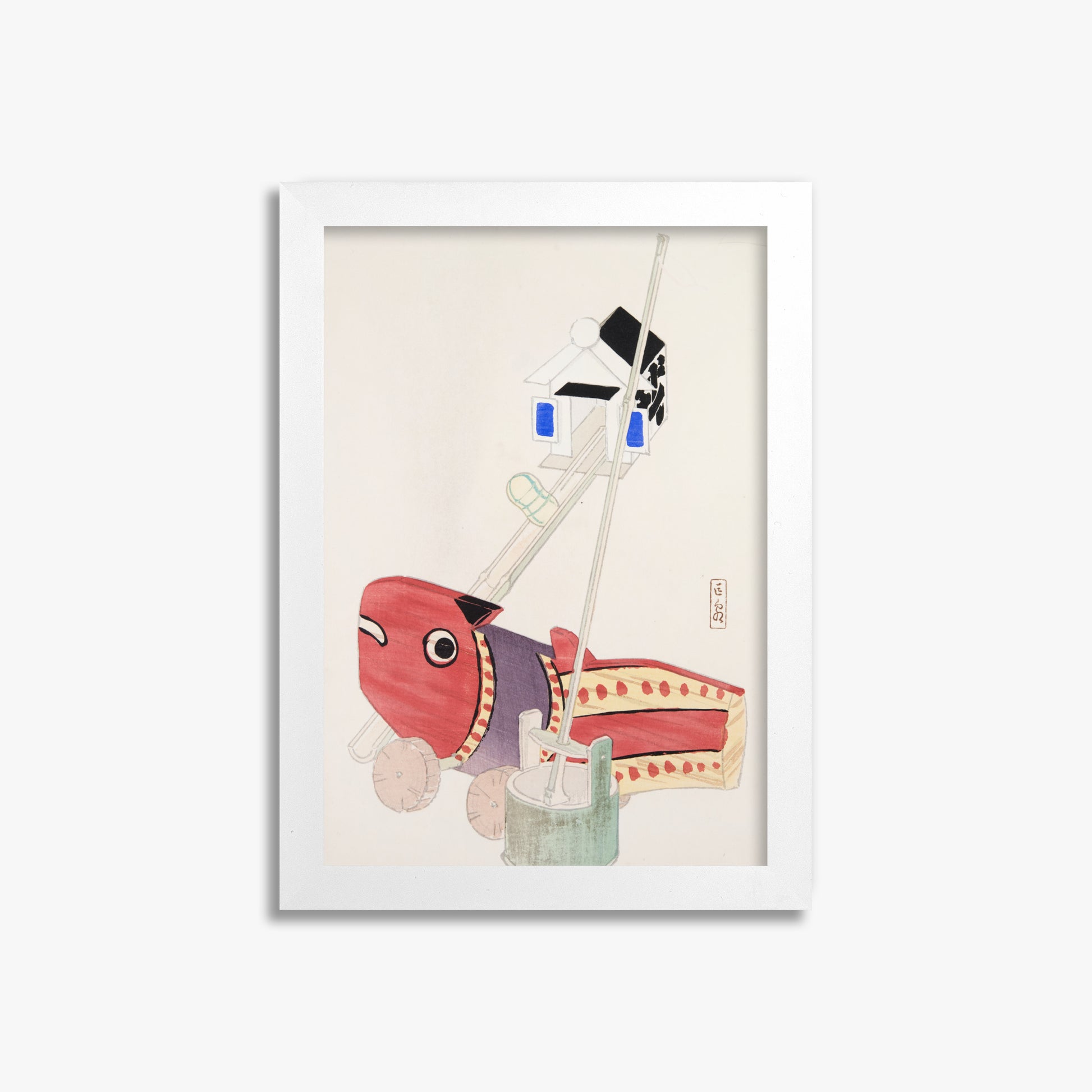 Kawasaki Kyosen: Kyosen’s Collected Illustrations of Japanese Toys Nr. 55 ("Harbor Guardian"), 21x30cm Framed Art Reproduction With White Frame