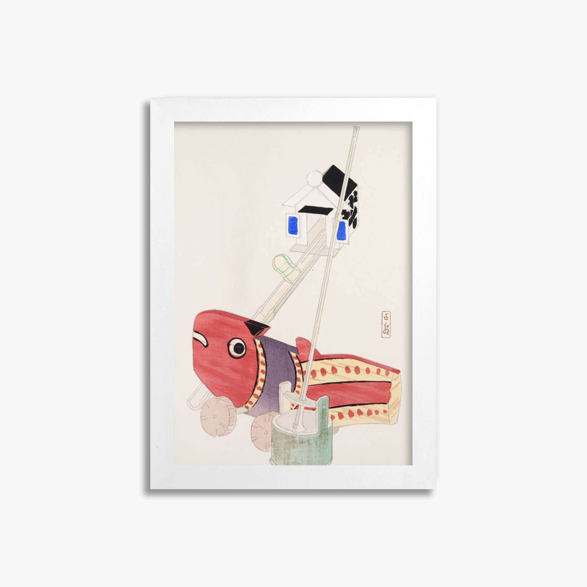 Kawasaki Kyosen: Kyosen’s Collected Illustrations of Japanese Toys Nr. 55 ("Harbor Guardian"), 21x30cm Framed Art Reproduction With White Frame