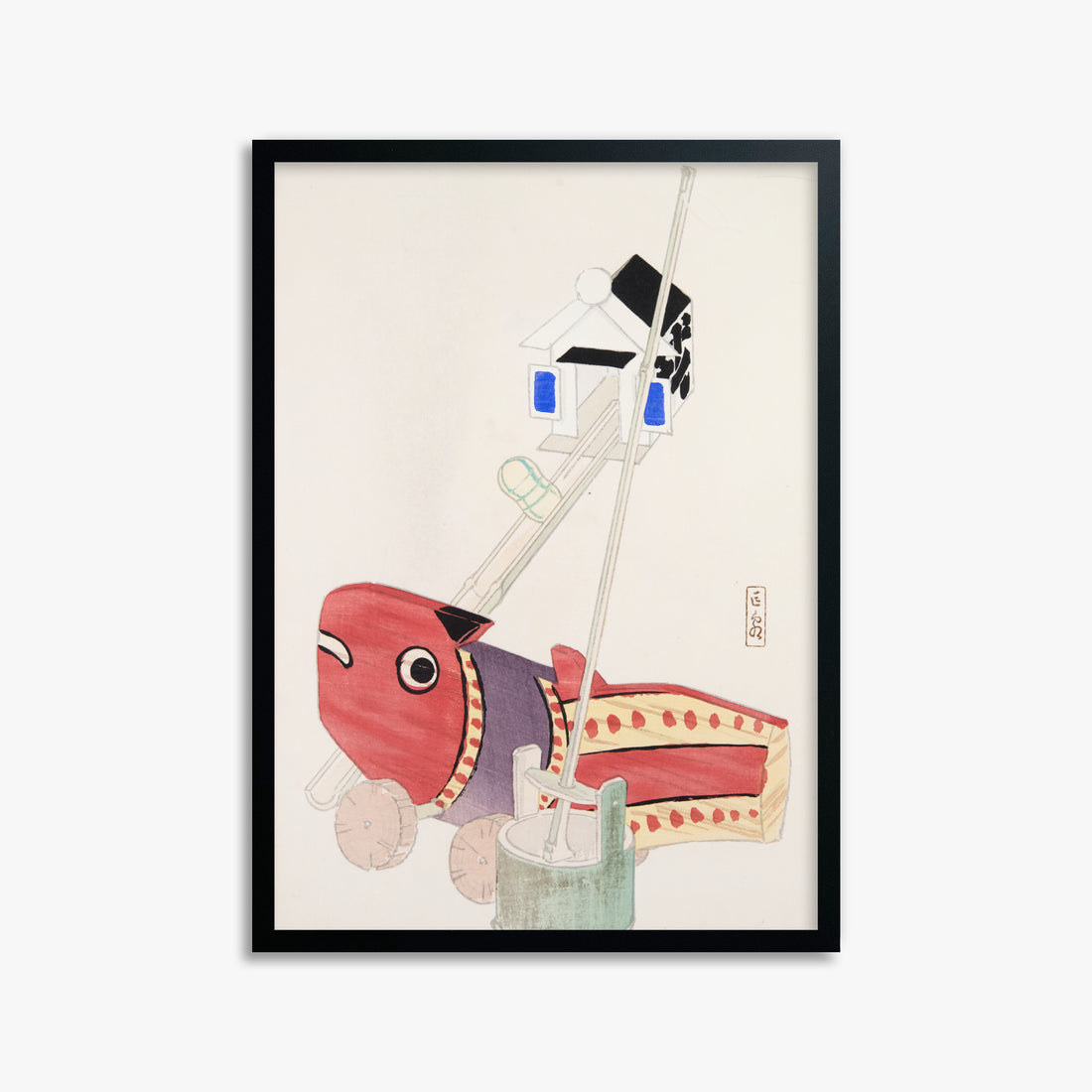 Kawasaki Kyosen: Kyosen’s Collected Illustrations of Japanese Toys Nr. 55 ("Harbor Guardian"), 50x70cm Framed Art Reproduction With Black Frame