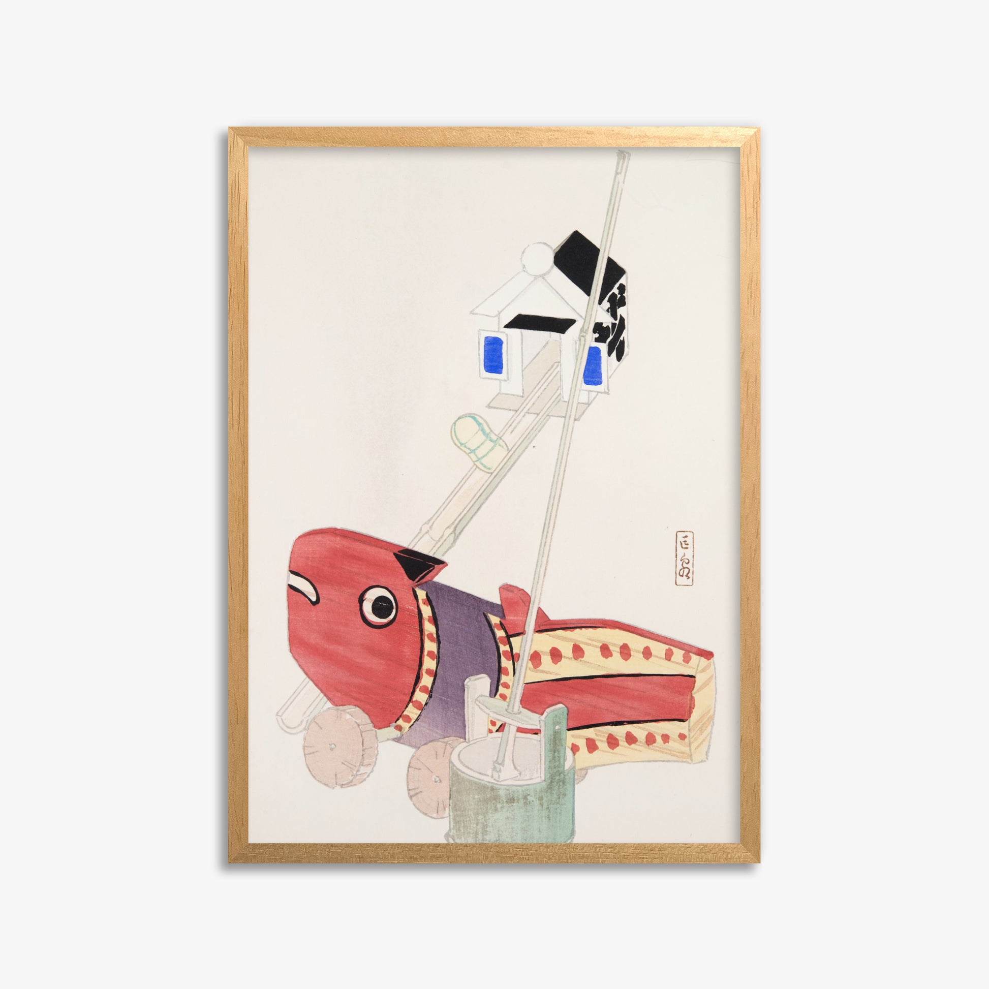 Kawasaki Kyosen: Kyosen’s Collected Illustrations of Japanese Toys Nr. 55 ("Harbor Guardian"), 50x70cm Framed Art Reproduction With Oak Frame