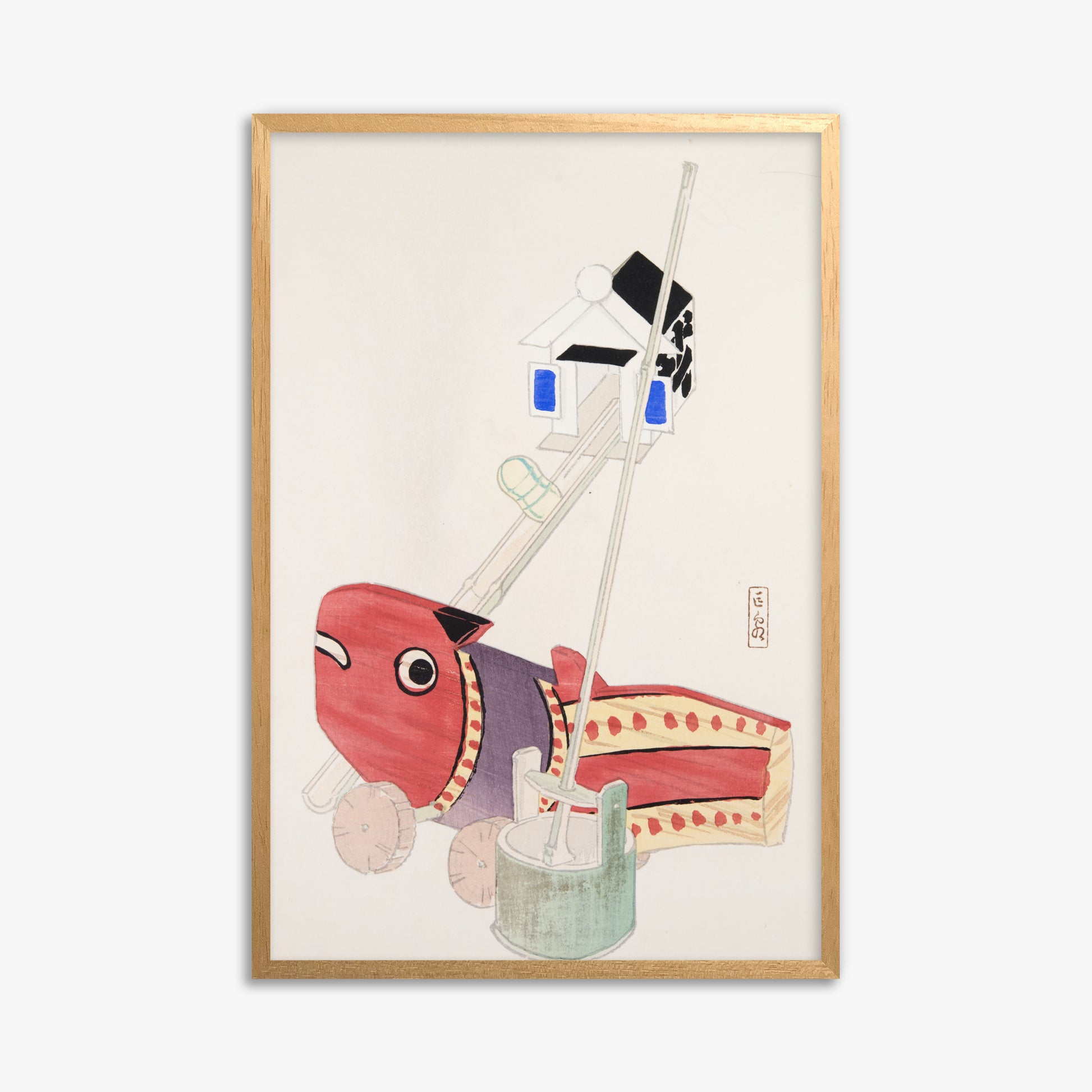 Kawasaki Kyosen: Kyosen’s Collected Illustrations of Japanese Toys Nr. 55 ("Harbor Guardian"), 61x91cm Framed Art Reproduction With Oak Frame