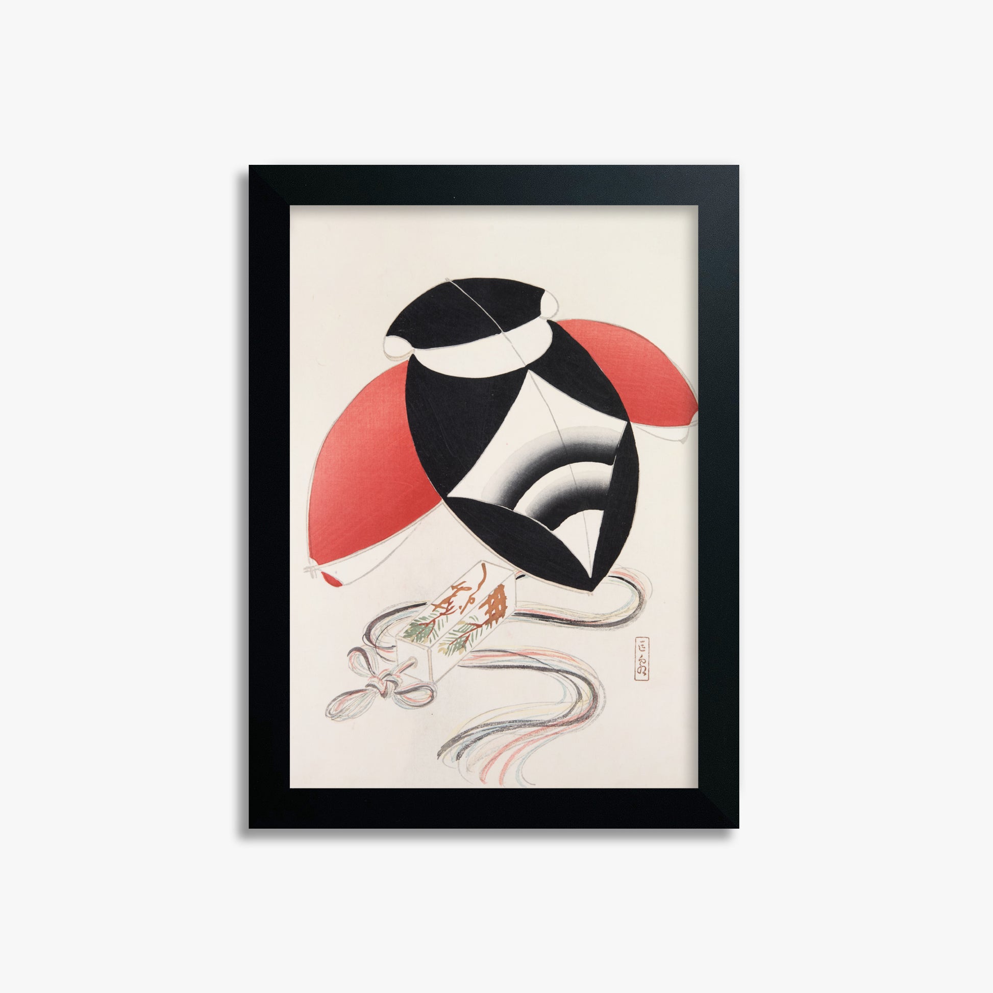 Kawasaki Kyosen: Kyosen’s Collected Illustrations of Japanese Toys Nr. 56 ("Harlequin Festival Kite"), 21x30cm Framed Art Reproduction With Black Frame
