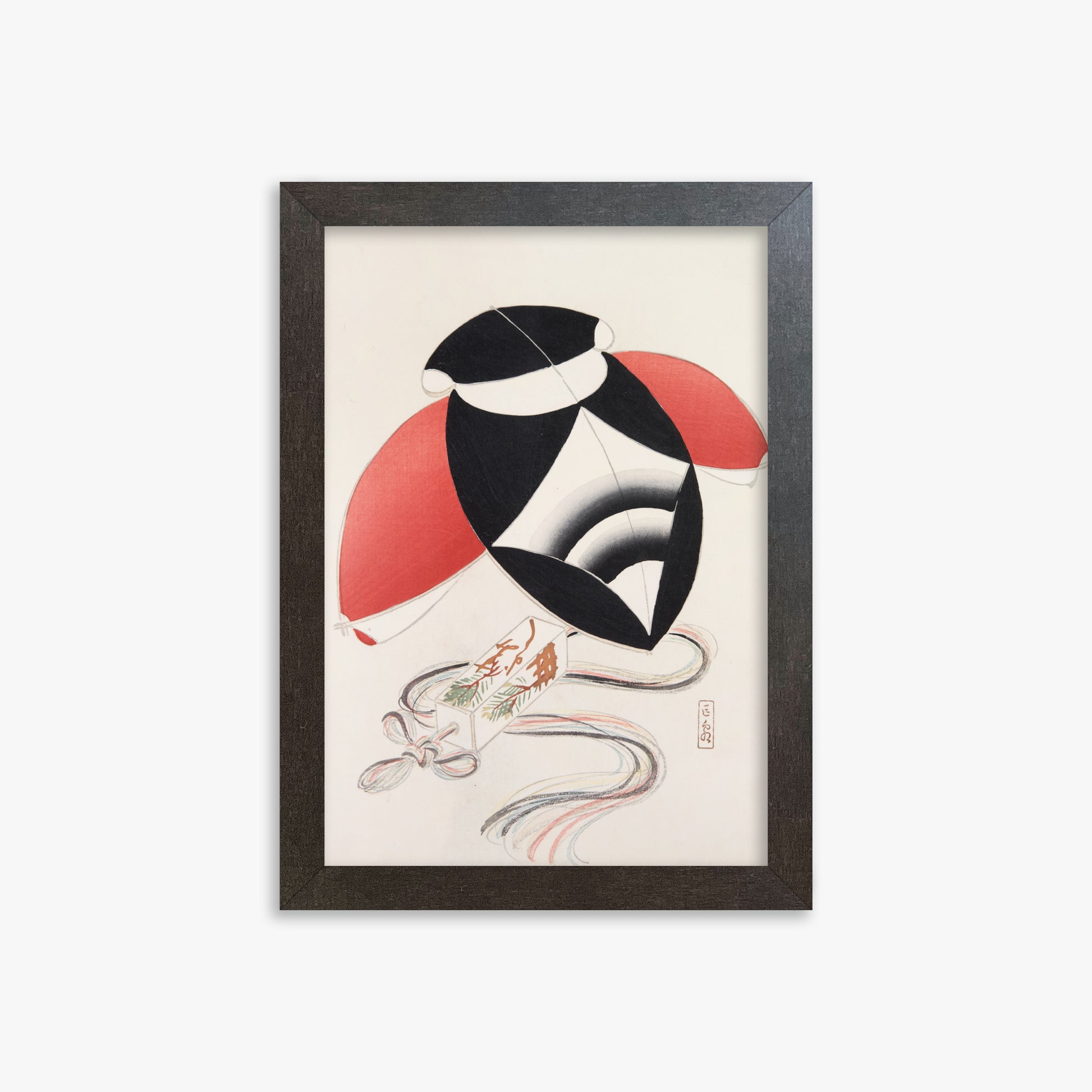 Kawasaki Kyosen: Kyosen’s Collected Illustrations of Japanese Toys Nr. 56 ("Harlequin Festival Kite"), 21x30cm Framed Art Reproduction With Espresso Frame