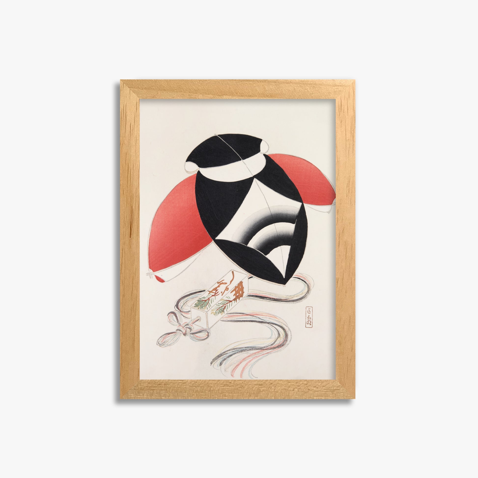 Kawasaki Kyosen: Kyosen’s Collected Illustrations of Japanese Toys Nr. 56 ("Harlequin Festival Kite"), 21x30cm Framed Art Reproduction With Oak Frame