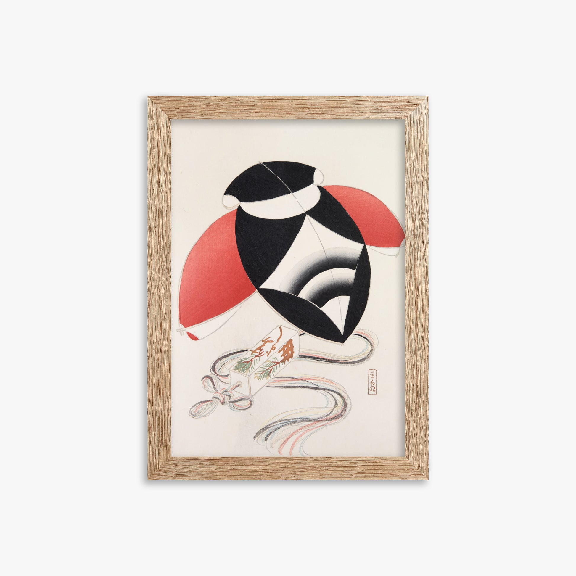 Kawasaki Kyosen: Kyosen’s Collected Illustrations of Japanese Toys Nr. 56 ("Harlequin Festival Kite"), 21x30cm Framed Art Reproduction With Raw Oak Frame