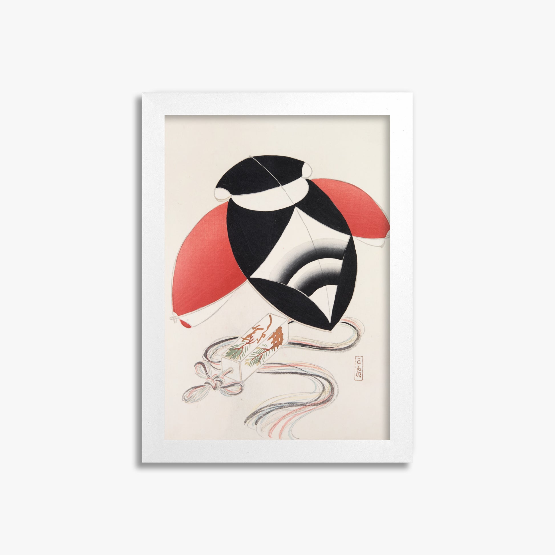 Kawasaki Kyosen: Kyosen’s Collected Illustrations of Japanese Toys Nr. 56 ("Harlequin Festival Kite"), 21x30cm Framed Art Reproduction With White Frame