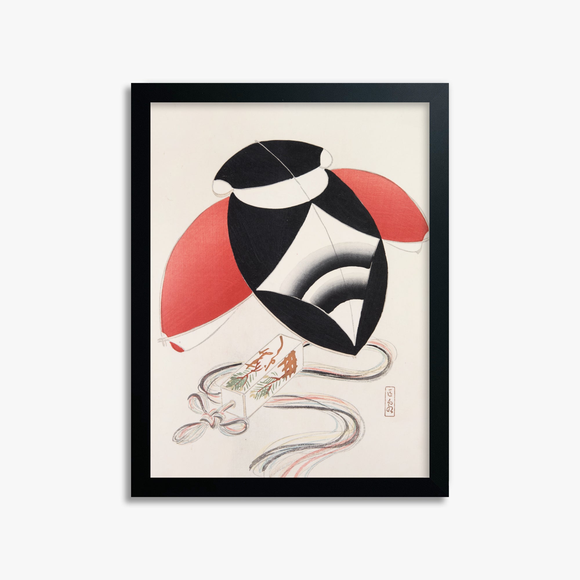 Kawasaki Kyosen: Kyosen’s Collected Illustrations of Japanese Toys Nr. 56 ("Harlequin Festival Kite"), 30x40cm Framed Art Reproduction With Black Frame