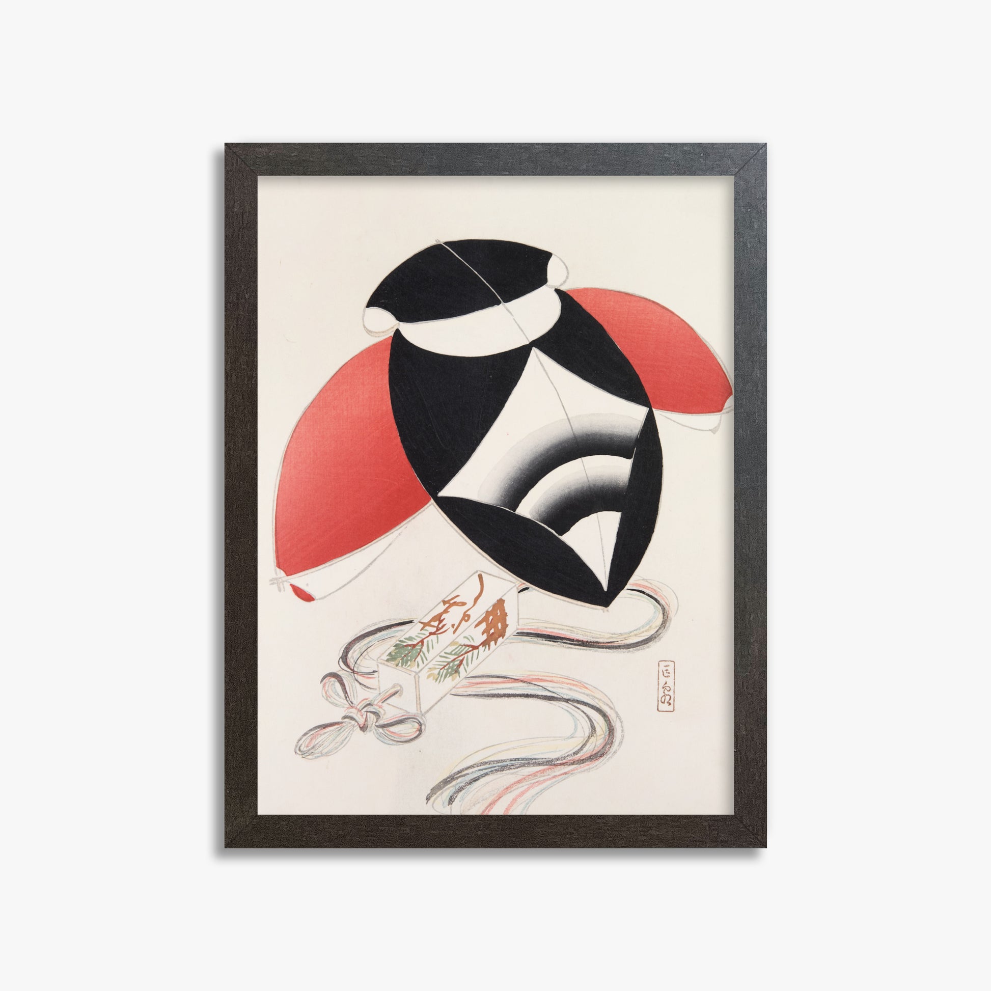 Kawasaki Kyosen: Kyosen’s Collected Illustrations of Japanese Toys Nr. 56 ("Harlequin Festival Kite"), 30x40cm Framed Art Reproduction With Espresso Frame