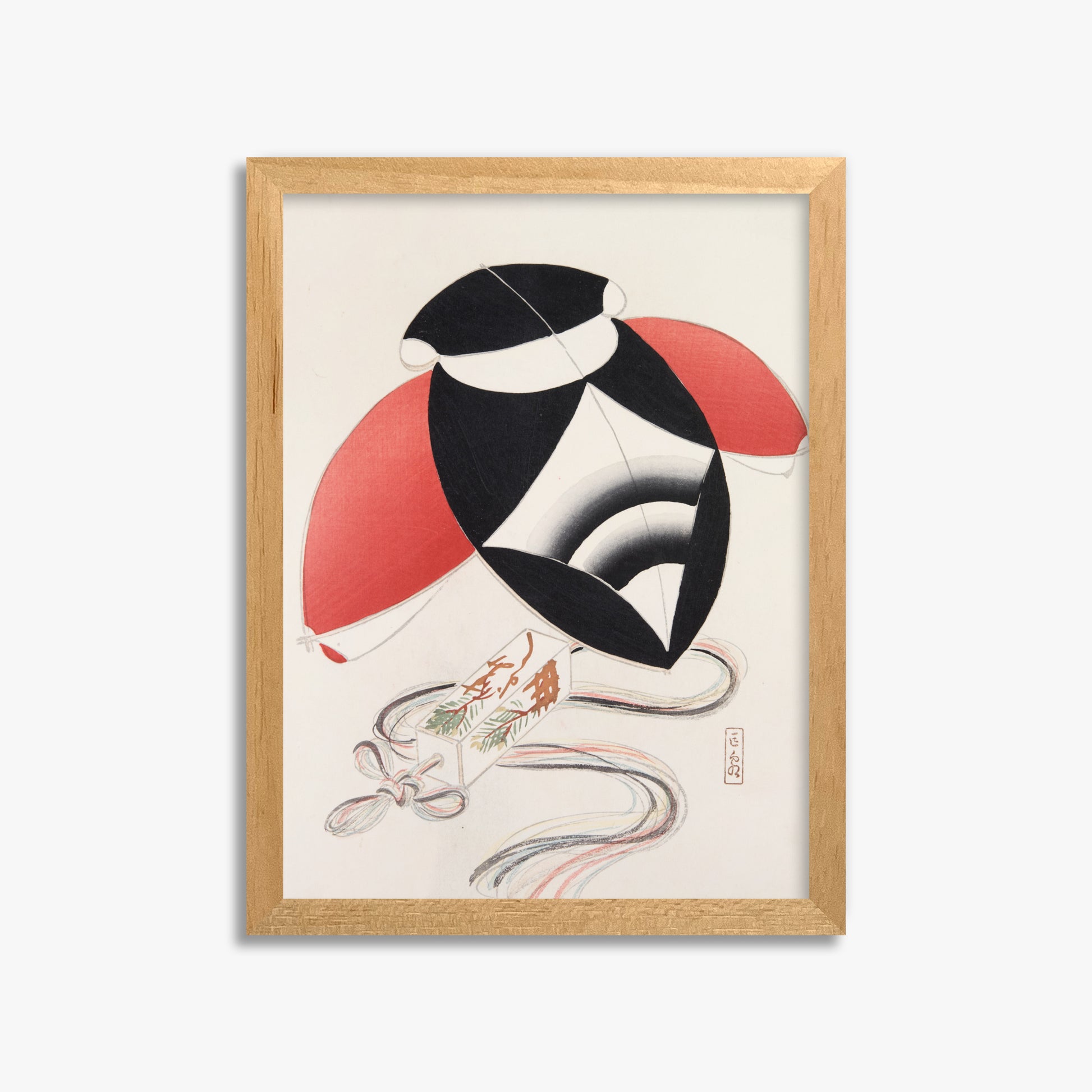 Kawasaki Kyosen: Kyosen’s Collected Illustrations of Japanese Toys Nr. 56 ("Harlequin Festival Kite"), 30x40cm Framed Art Reproduction With Oak Frame