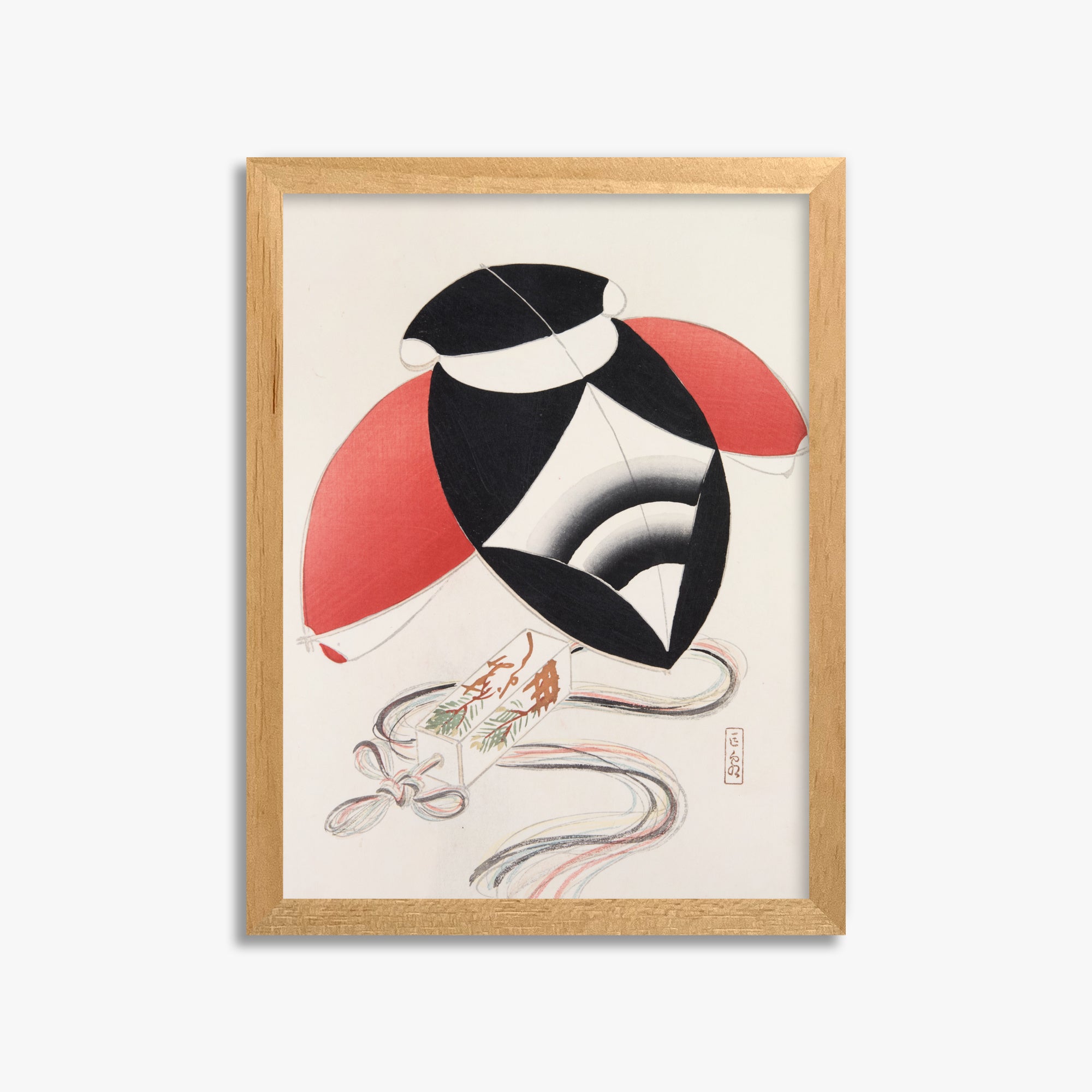 Kawasaki Kyosen: Kyosen’s Collected Illustrations of Japanese Toys Nr. 56 ("Harlequin Festival Kite"), 30x40cm Framed Art Reproduction With Oak Frame