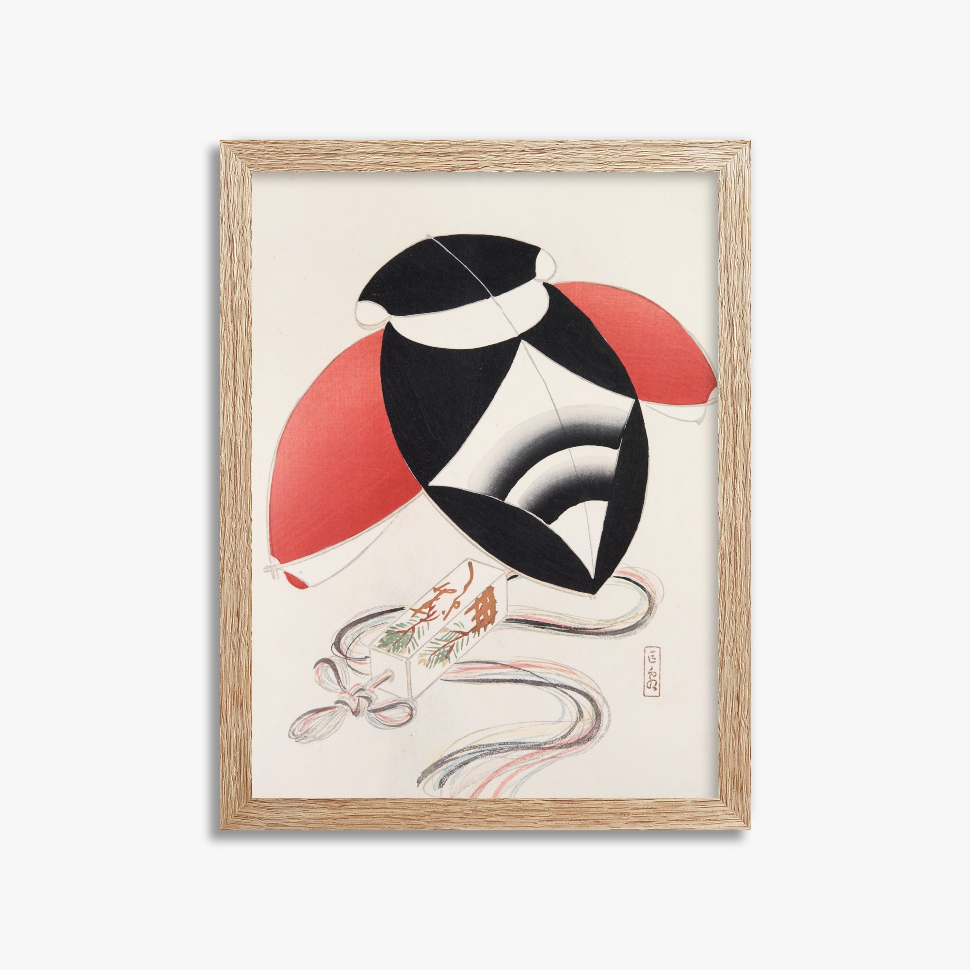 Kawasaki Kyosen: Kyosen’s Collected Illustrations of Japanese Toys Nr. 56 ("Harlequin Festival Kite"), 30x40cm Framed Art Reproduction With Raw Oak Frame