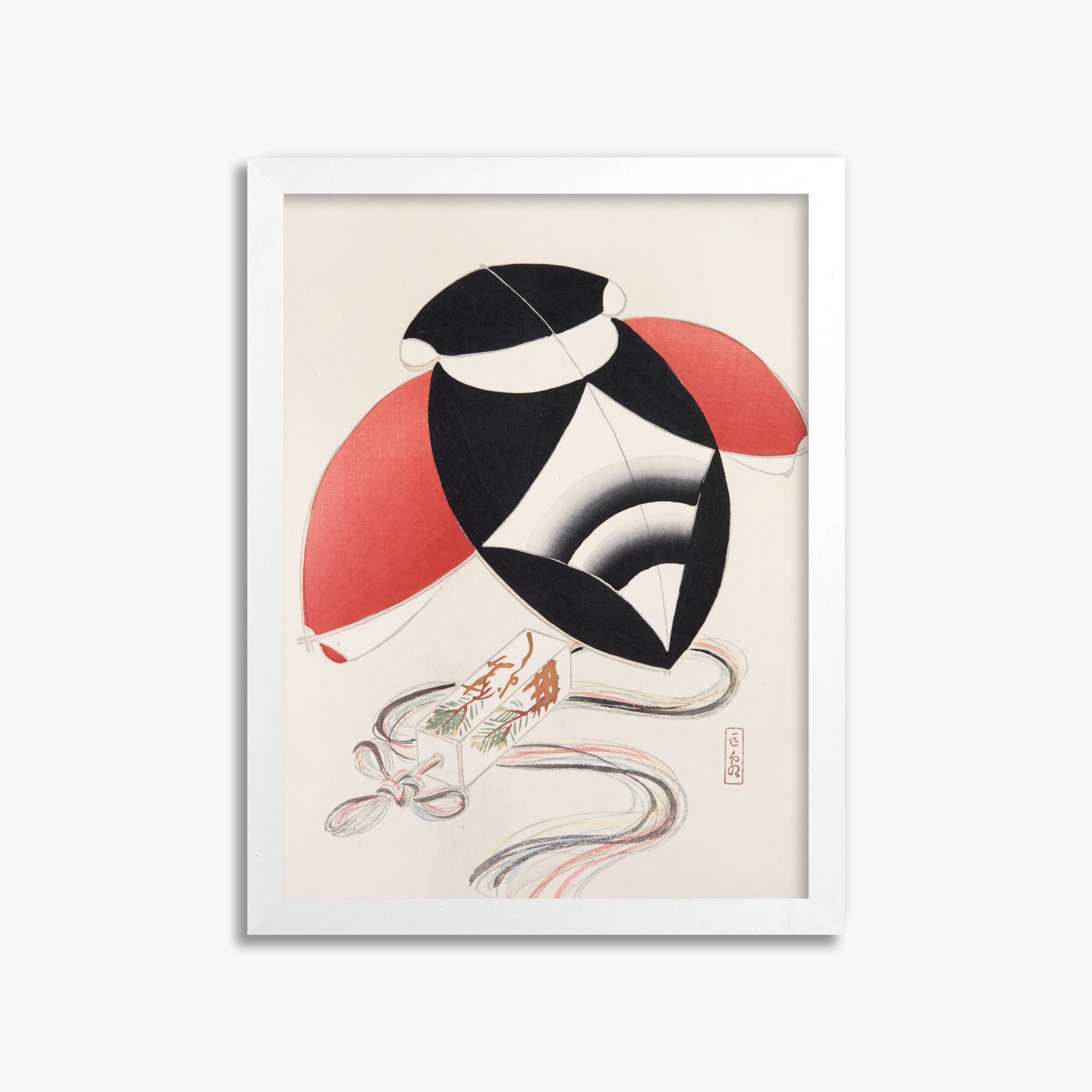 Kawasaki Kyosen: Kyosen’s Collected Illustrations of Japanese Toys Nr. 56 ("Harlequin Festival Kite"), 30x40cm Framed Art Reproduction With White Frame