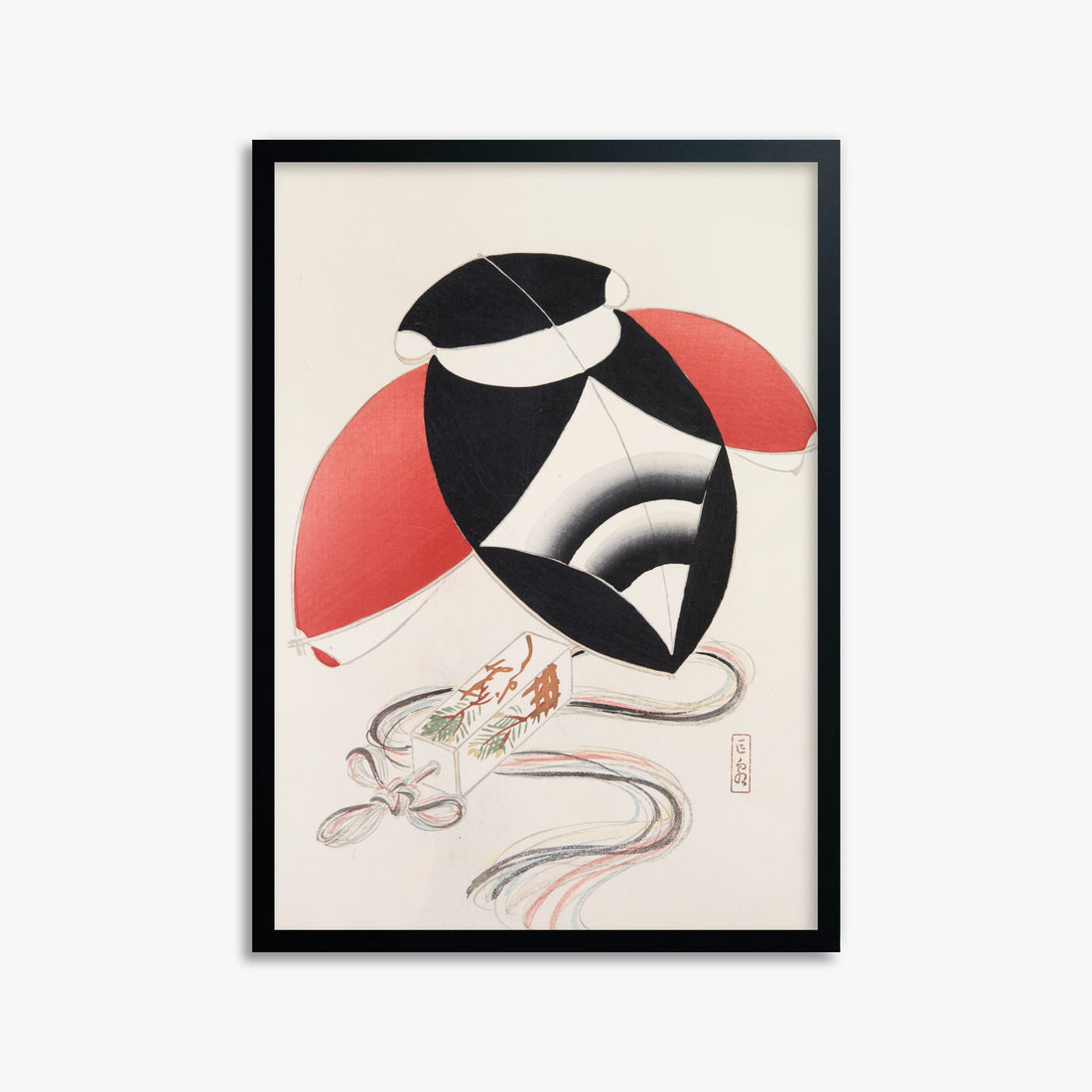Kawasaki Kyosen: Kyosen’s Collected Illustrations of Japanese Toys Nr. 56 ("Harlequin Festival Kite"), 50x70cm Framed Art Reproduction With Black Frame