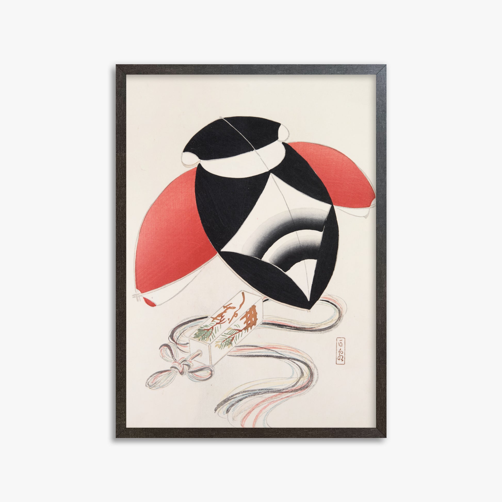 Kawasaki Kyosen: Kyosen’s Collected Illustrations of Japanese Toys Nr. 56 ("Harlequin Festival Kite"), 50x70cm Framed Art Reproduction With Espresso Frame