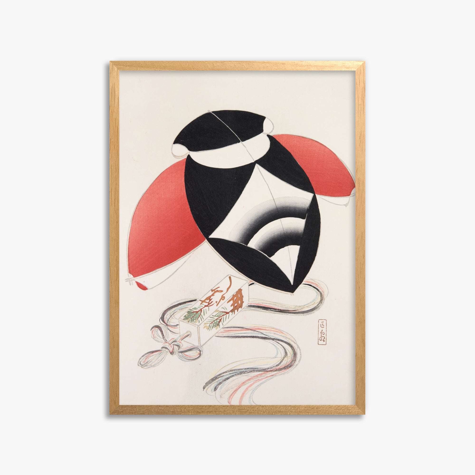 Kawasaki Kyosen: Kyosen’s Collected Illustrations of Japanese Toys Nr. 56 ("Harlequin Festival Kite"), 50x70cm Framed Art Reproduction With Oak Frame