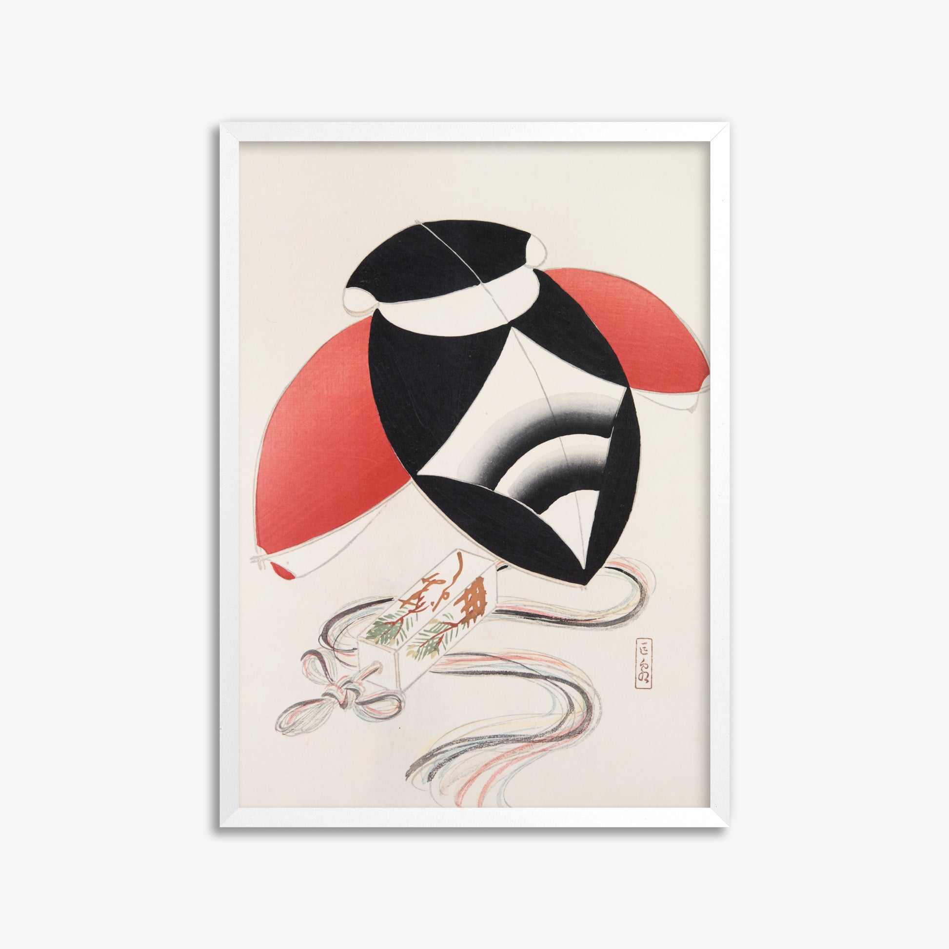 Kawasaki Kyosen: Kyosen’s Collected Illustrations of Japanese Toys Nr. 56 ("Harlequin Festival Kite"), 50x70cm Framed Art Reproduction With White Frame
